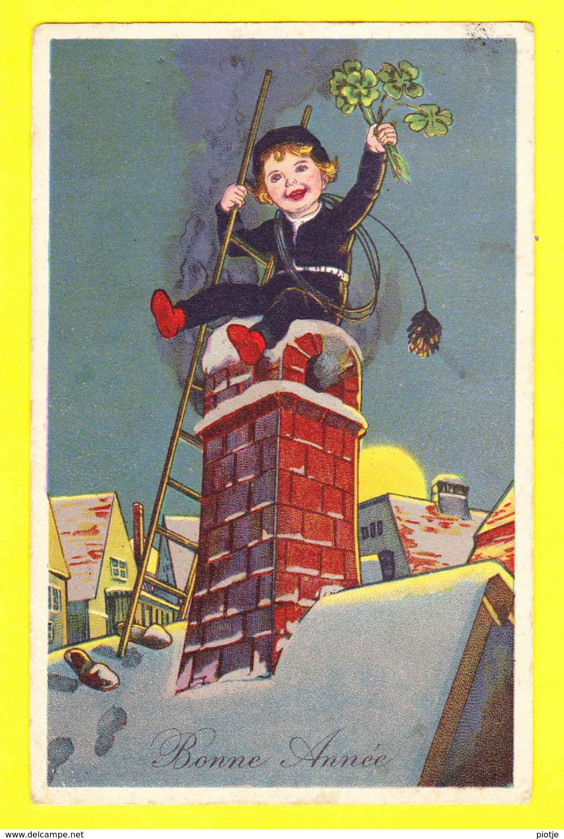 * Fantaisie - Fantasie - Fantasy * (4779-1) Bonne Année, New Year, Enfant, Child, Ramoneur, Chimney Sweeper échelle Lune - New Year