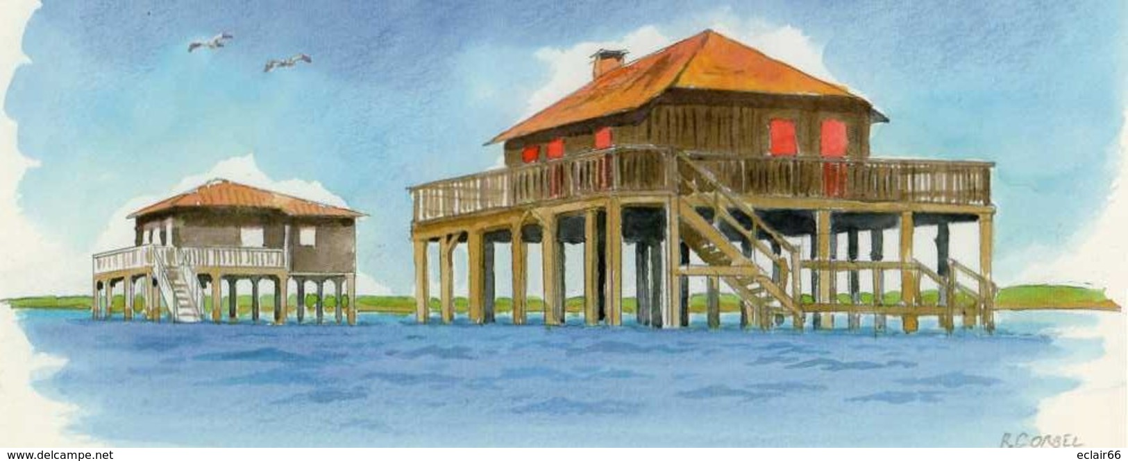 REPRODUCTION  AQUARELLE LES CABANES TCANQUEES DU BASSIN D'ARCACHON (33) PEINTRE  R. CORBEL   Papier Fort EDIT  ATLAS - Aquarelles