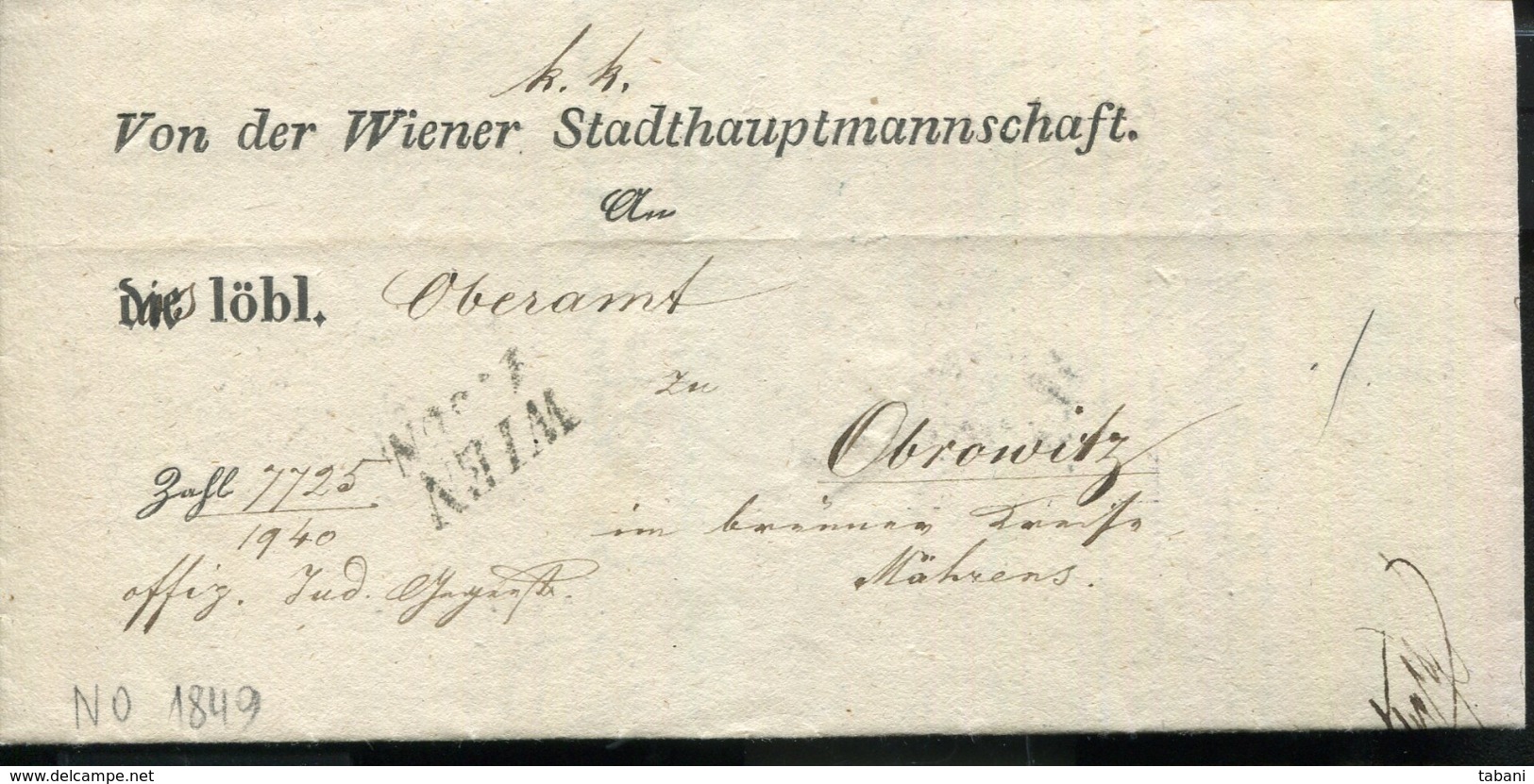 AUSTRIA 1849 PRE STAMP LETTER WIEN TO OBROWITZ BOHEMIA - ...-1850 Voorfilatelie