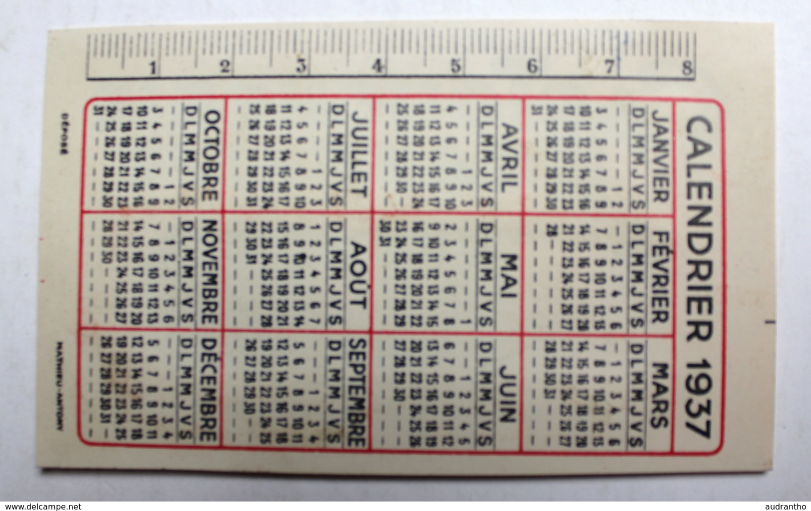 Calendrier Cartoucherie Française 1937 Munitions Chasse Mathieu Anthony - Small : 1921-40