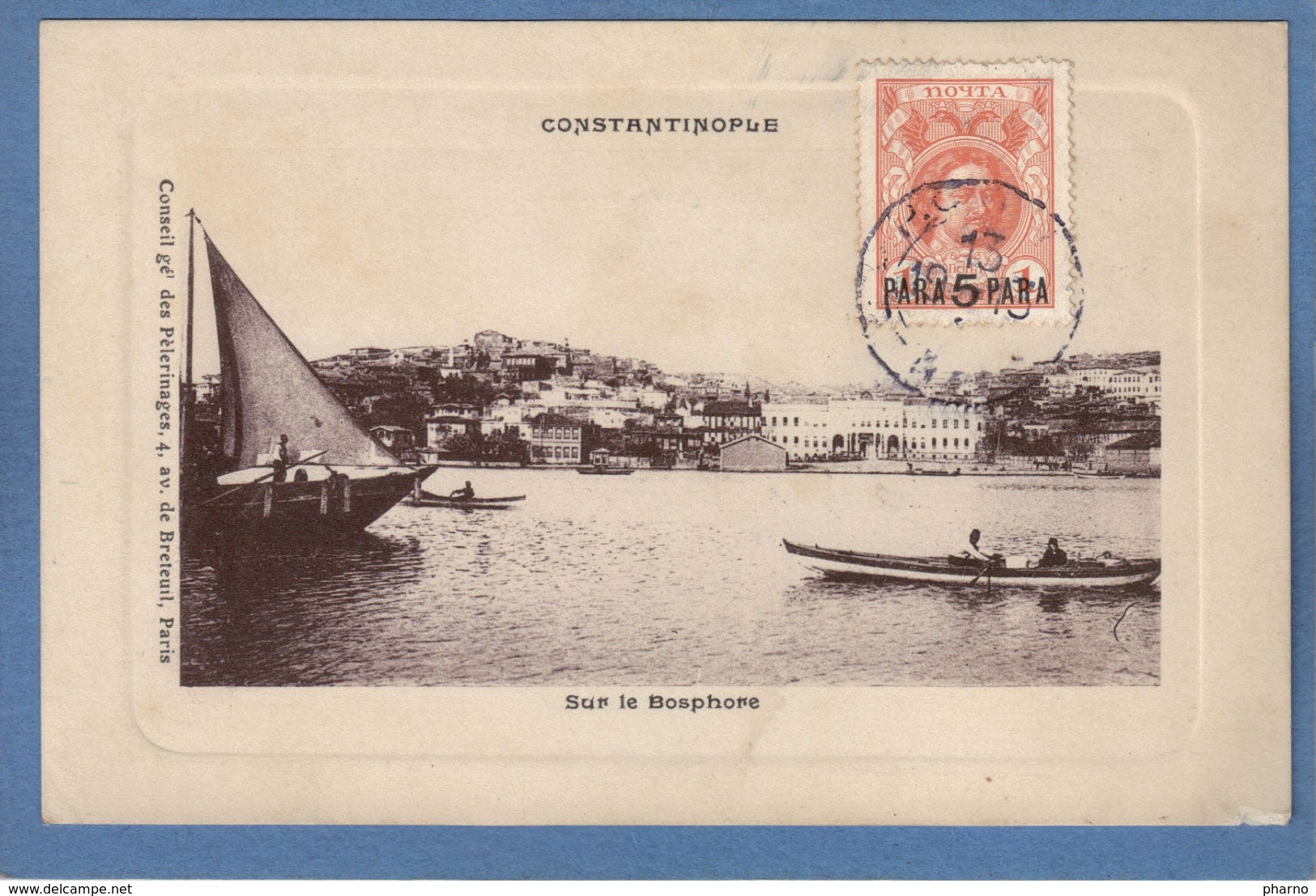 Constantinople Sur Le Bosphore Turquie Türkei Turkey CAD 1913 Beyrouth Timbre Surcharge Para 5 Conseil Pelerinages - Turquie