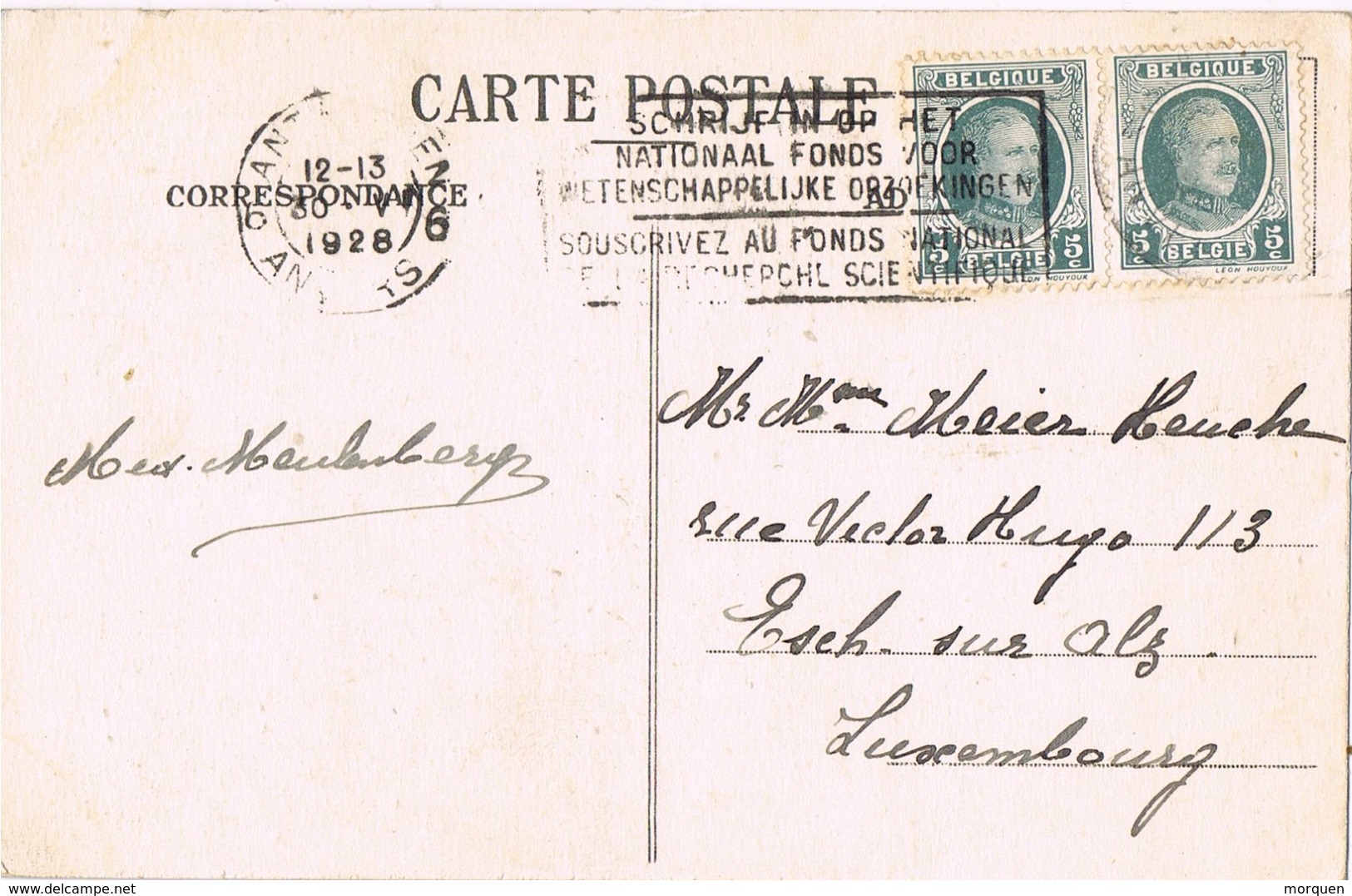 23564. Postal ANTWERPEN, Anvers (Belgien) 1928. Suscription Fonds Nationals - Cartas & Documentos