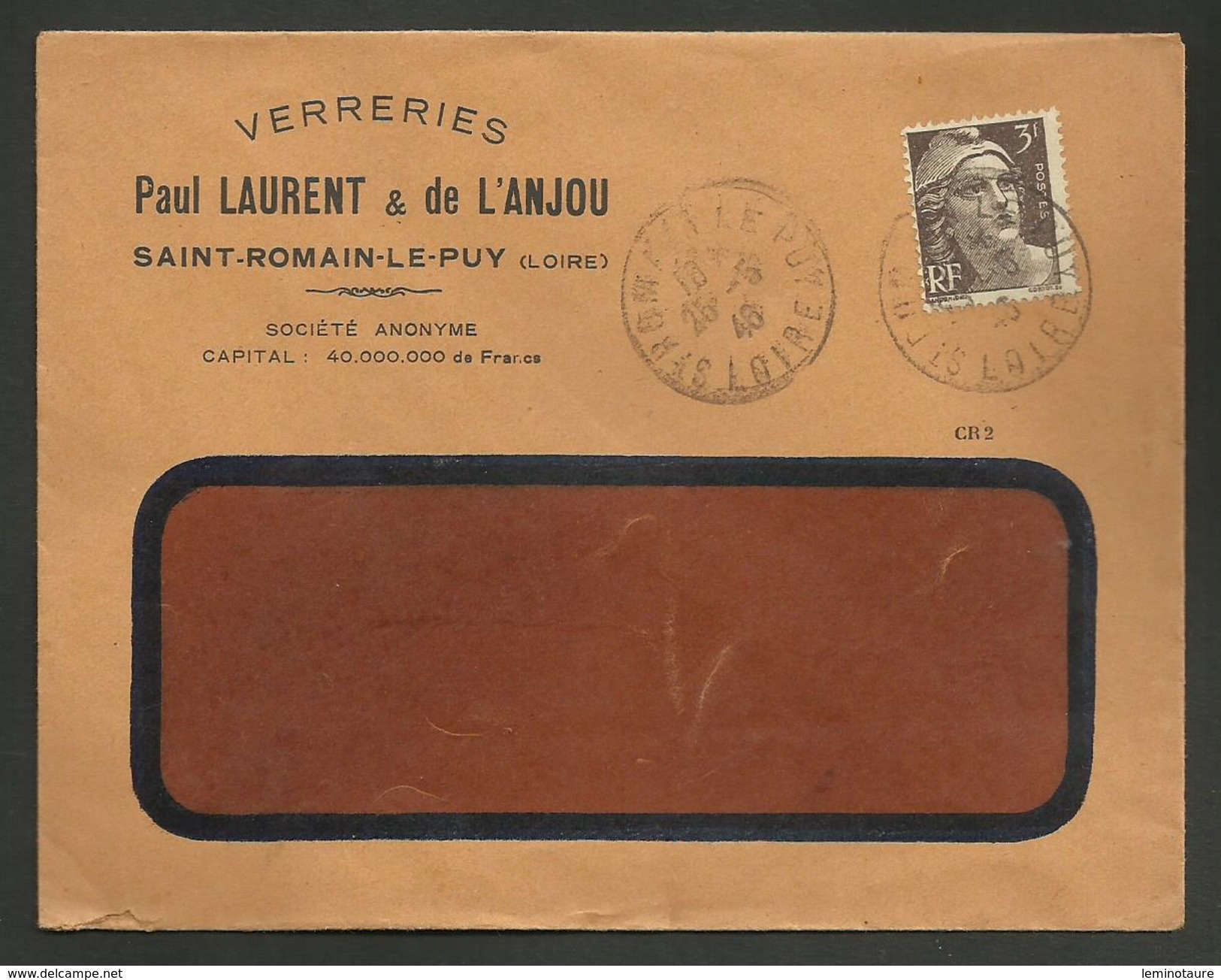 Enveloppe Commerciale " Verreries LAURENT & De L'ANJOU " à ST ROMAIN LE PUY - LOIRE / Marianne De Gandon 1946 - 1921-1960: Période Moderne