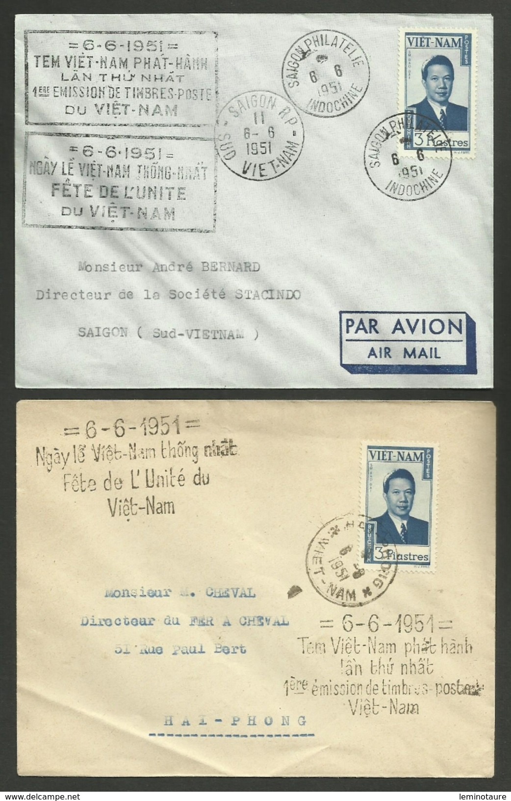 Enveloppe - Lettre - Cover / SAIGON & HAI PHONG 06.06.1951 / FETE DE L'UNITE DU VIET-NAM / 1ère émission Timbres Poste - Vietnam