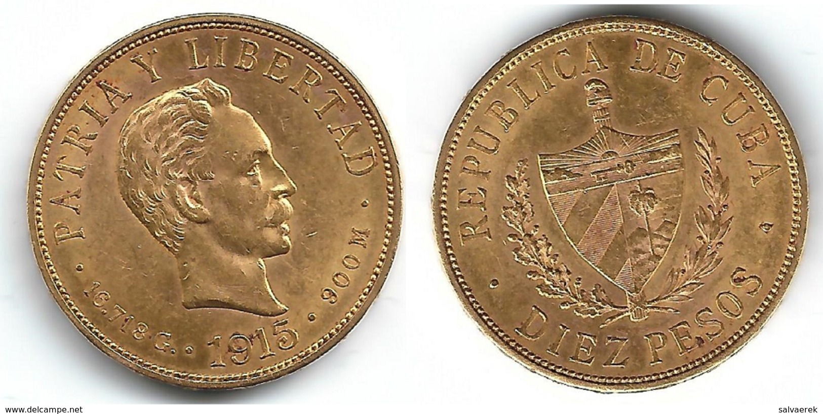 CUBA MARTI 10 PESOS 1915 ORO GOLD MUY BONITA NP - Cuba