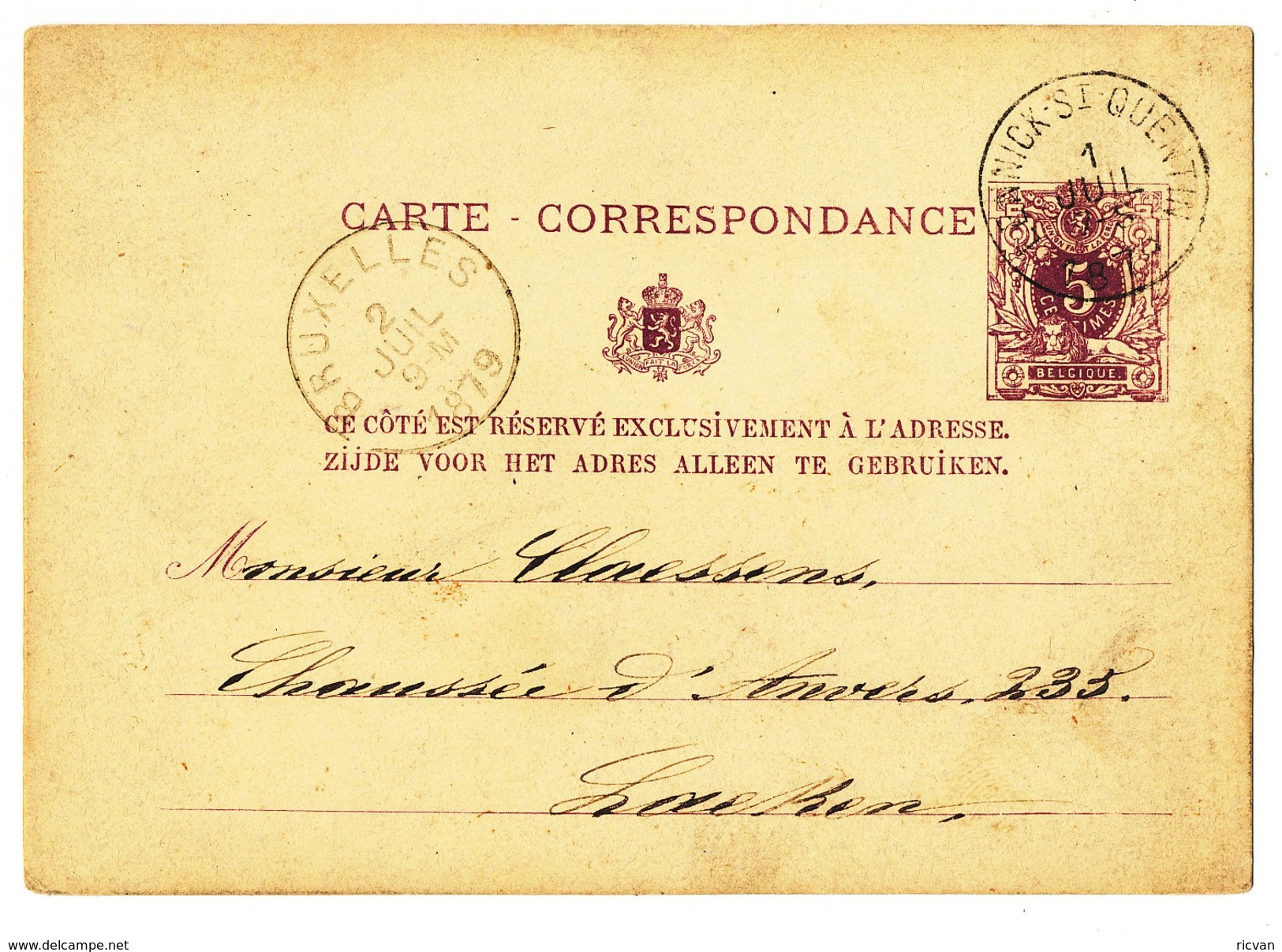1879 CARTE CORRESPONDANCE TYPE OBP28 VAN LENNICK-StQUENTIN NAAR LAEKEN AANKOMSTSTEMPEL BRUXELLES - Cartes Postales 1871-1909