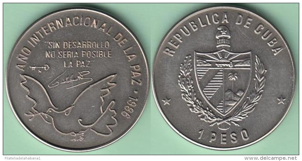 1986-MN-5 CUBA. 1$ 1986 CU-NI. AÑO INTERNACIONAL DE LA PAZ. FIDEL CASTRO FIRMA PALOMA PIGEON XF PLUS. - Kuba