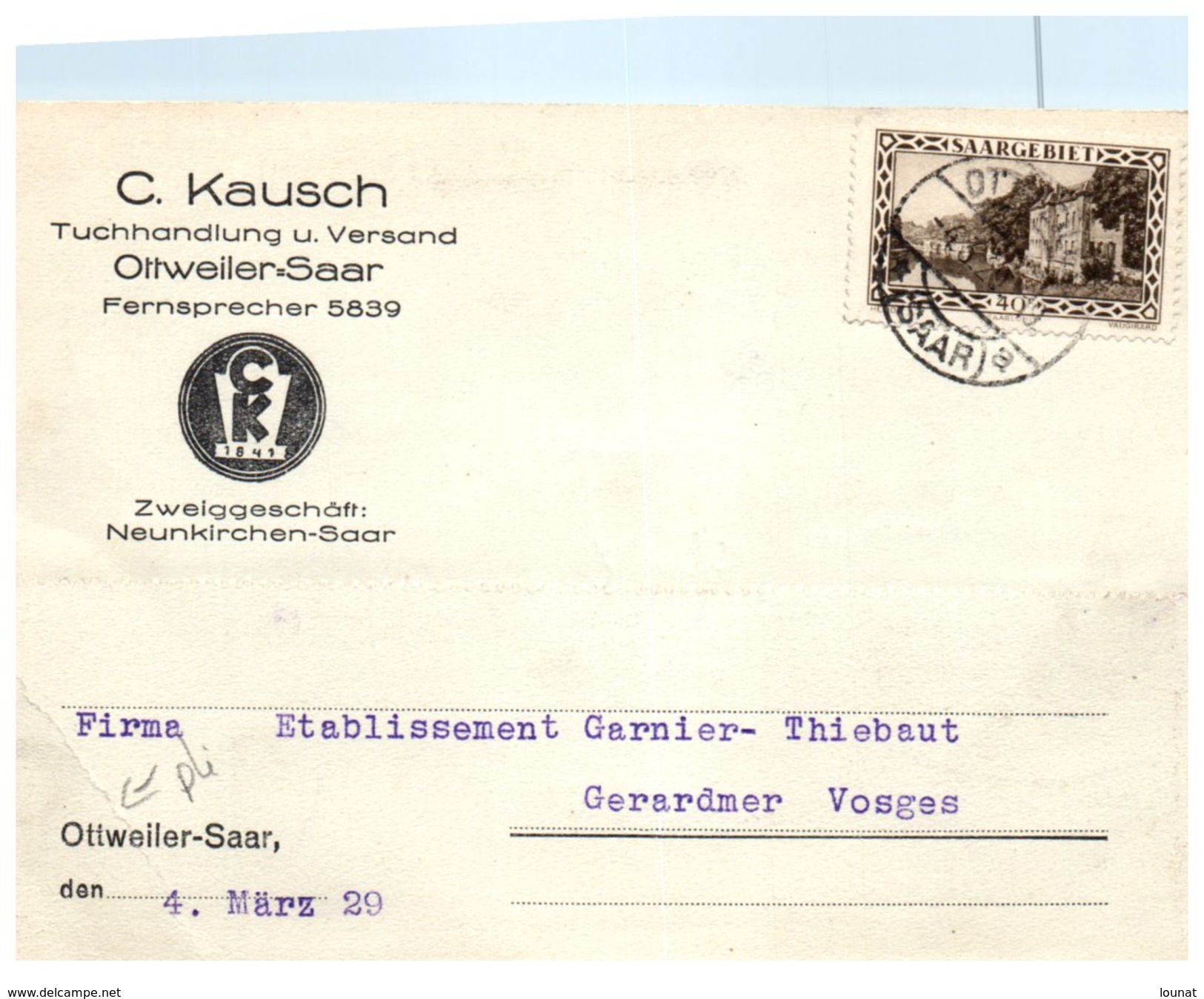 OTTWEILER - SAAR - C. KAUSCH - Fernsprecher (pli Coin)  (oblitération) - Kreis Neunkirchen