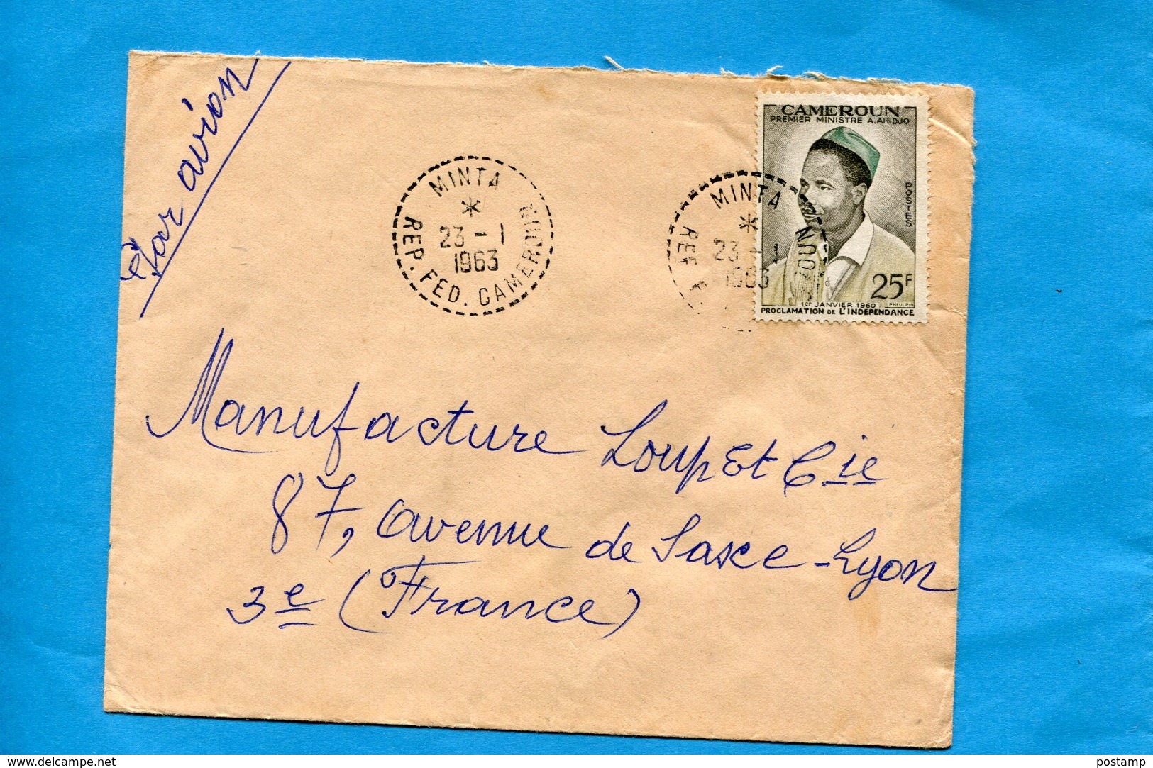 Marcophilie-CAMEROUN-lettre   >Françe-cad Perlé MINTA-1963-stampN°Proclamation République - Cameroon (1960-...)