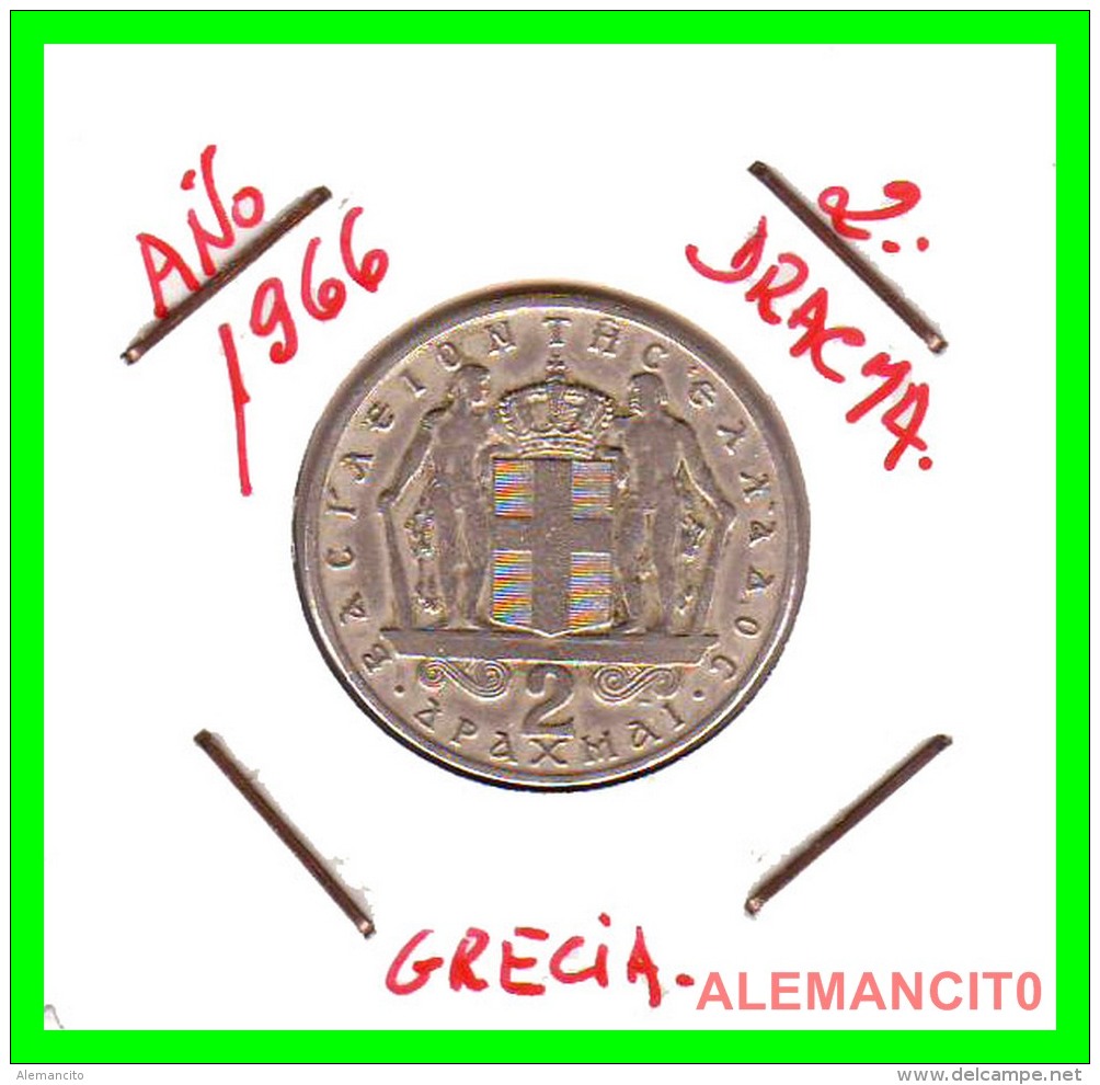 GRECIA -  GREECE  MONEDA  --  DE  2  DRACHMAI  AÑO 1966   -   Copper-Nickel, 22,9 Mm. - Griechenland