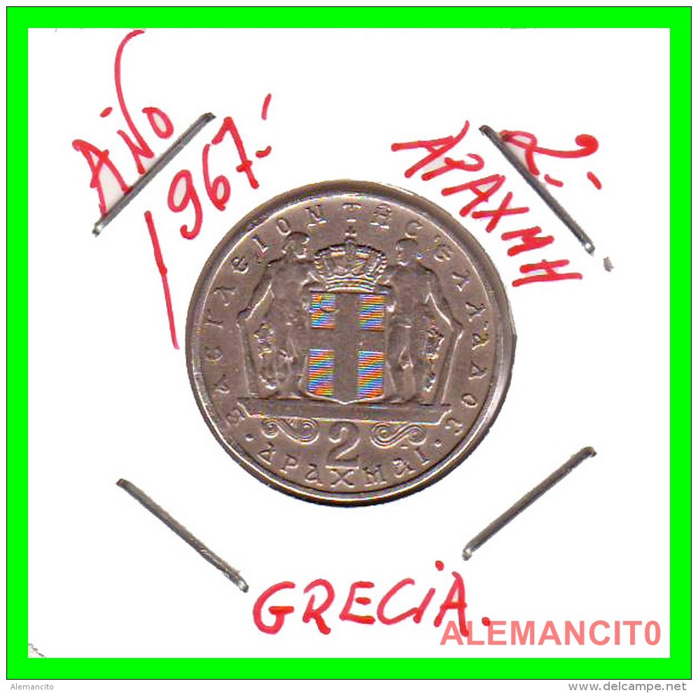 GRECIA -  GREECE  MONEDA  --  DE  2  DRACHMAI  AÑO 1967   -   Copper-Nickel, 22,9 Mm. - Grecia