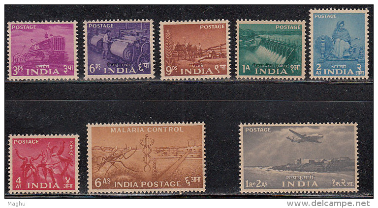 India MNH 1955, 8v Definitive, Five Year Plan, Images Cow, Tilaiya Dam, Malaria, Airplane, Textile, Tractor, Agriculture - Unused Stamps