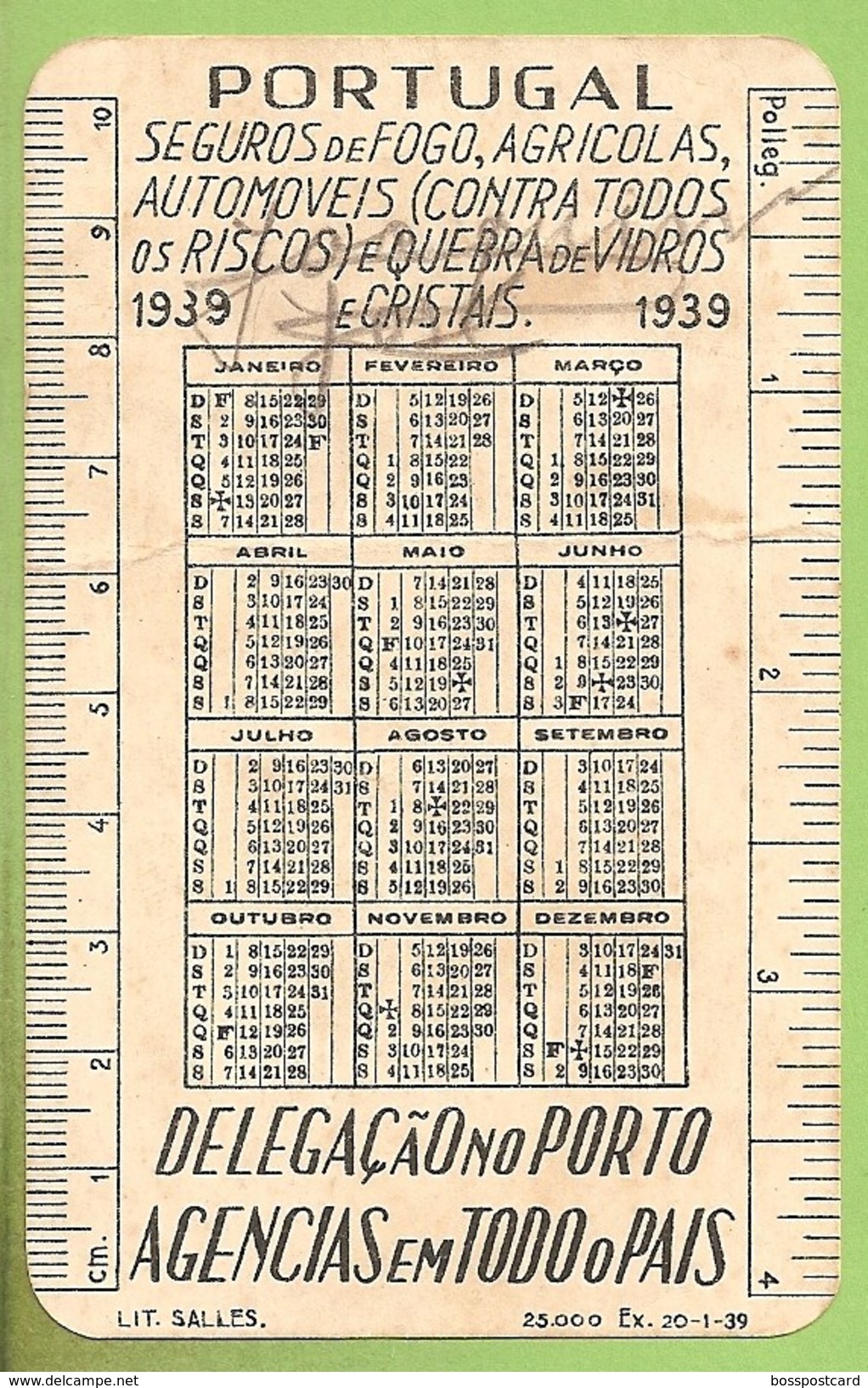 Porto - Lisboa - Companhia De Seguros Portugal - Calendario De 1939 - Publicidade - Tamaño Grande : 1921-40