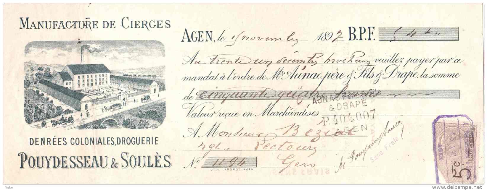 POUYDESSEAU &amp; SOULES   Manufacture De Cierges  AGEN    1897   TOP Illustration Usine - Lettres De Change