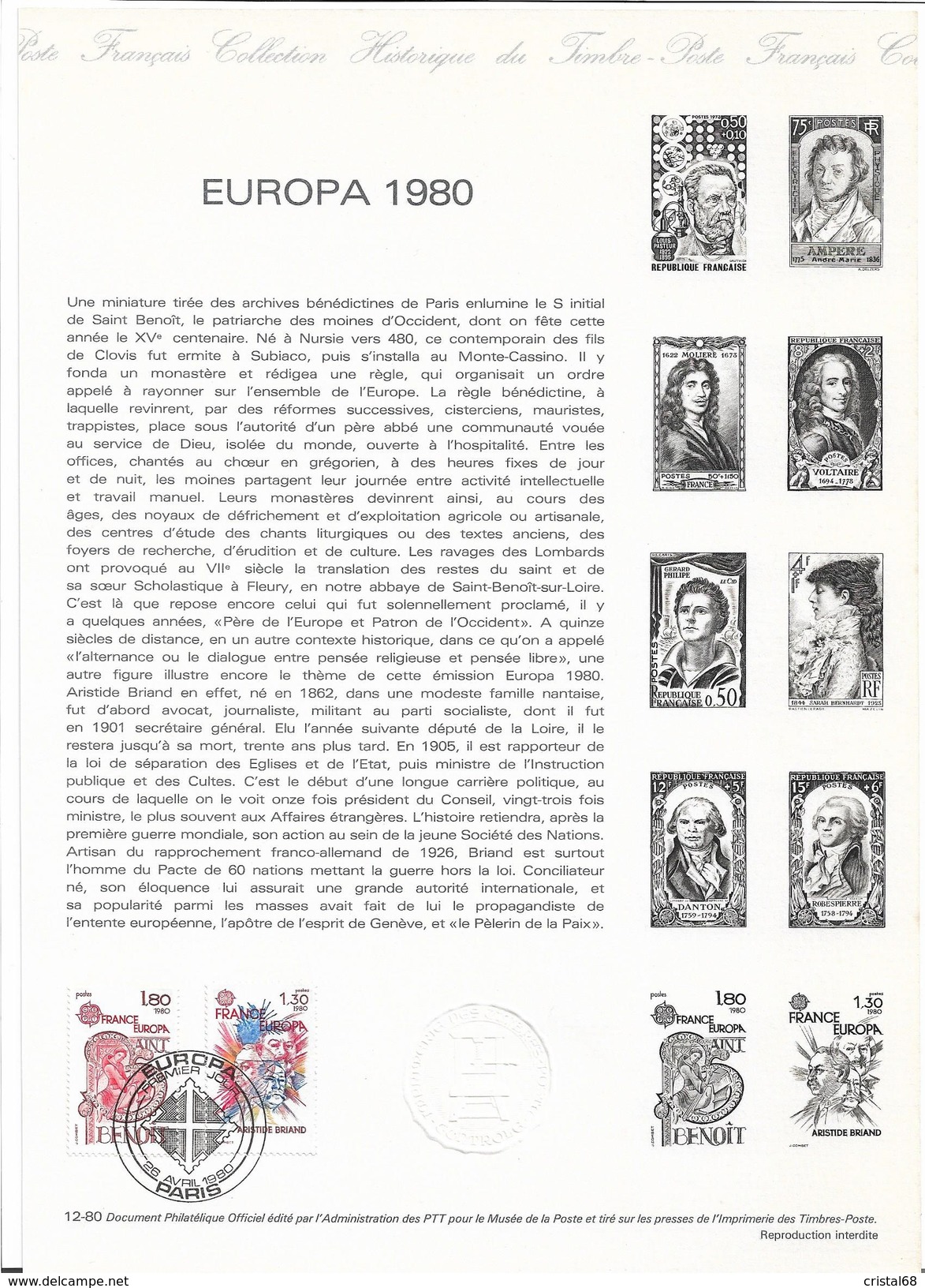 FRANCE 1980 - EUROPA - Document Officiel Timbres N°2085 & N°2086 (26.04.1980) - 1980