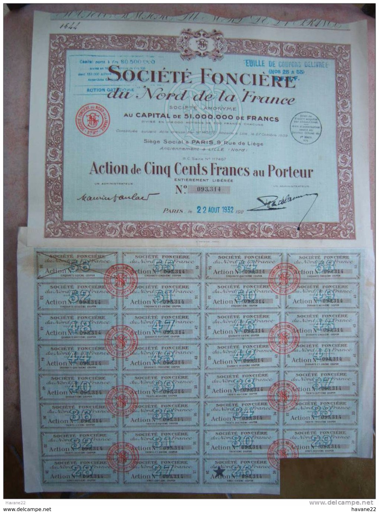 ACTIONS SOCIETE FONCIERE DU NORD DE LA FRANCE 1932 - Banque & Assurance