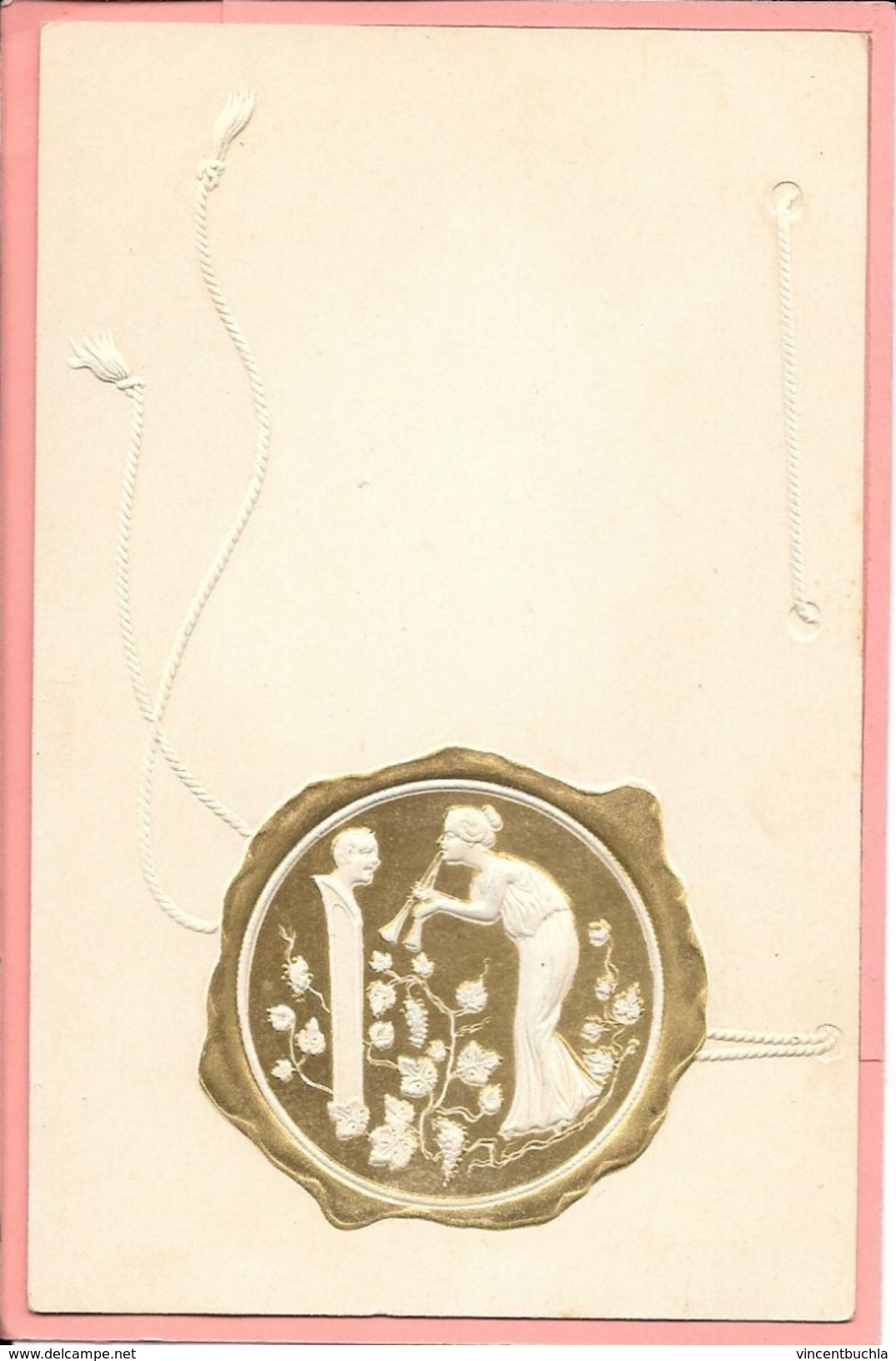 Carte Fantaisise Imitation Sceau Avec Médaillon Femme Avec Flute  Fils Reliefs - Women