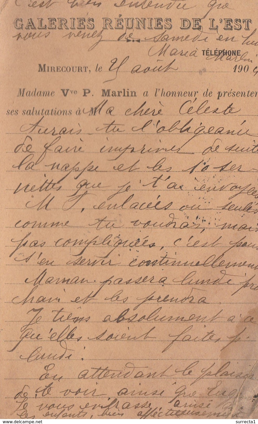 Carte Commerciale 2 / 1904 / Galeries Réunies De L'Est / Mme Vve MARLIN / 88 Mirecourt / Vosges - Autres & Non Classés