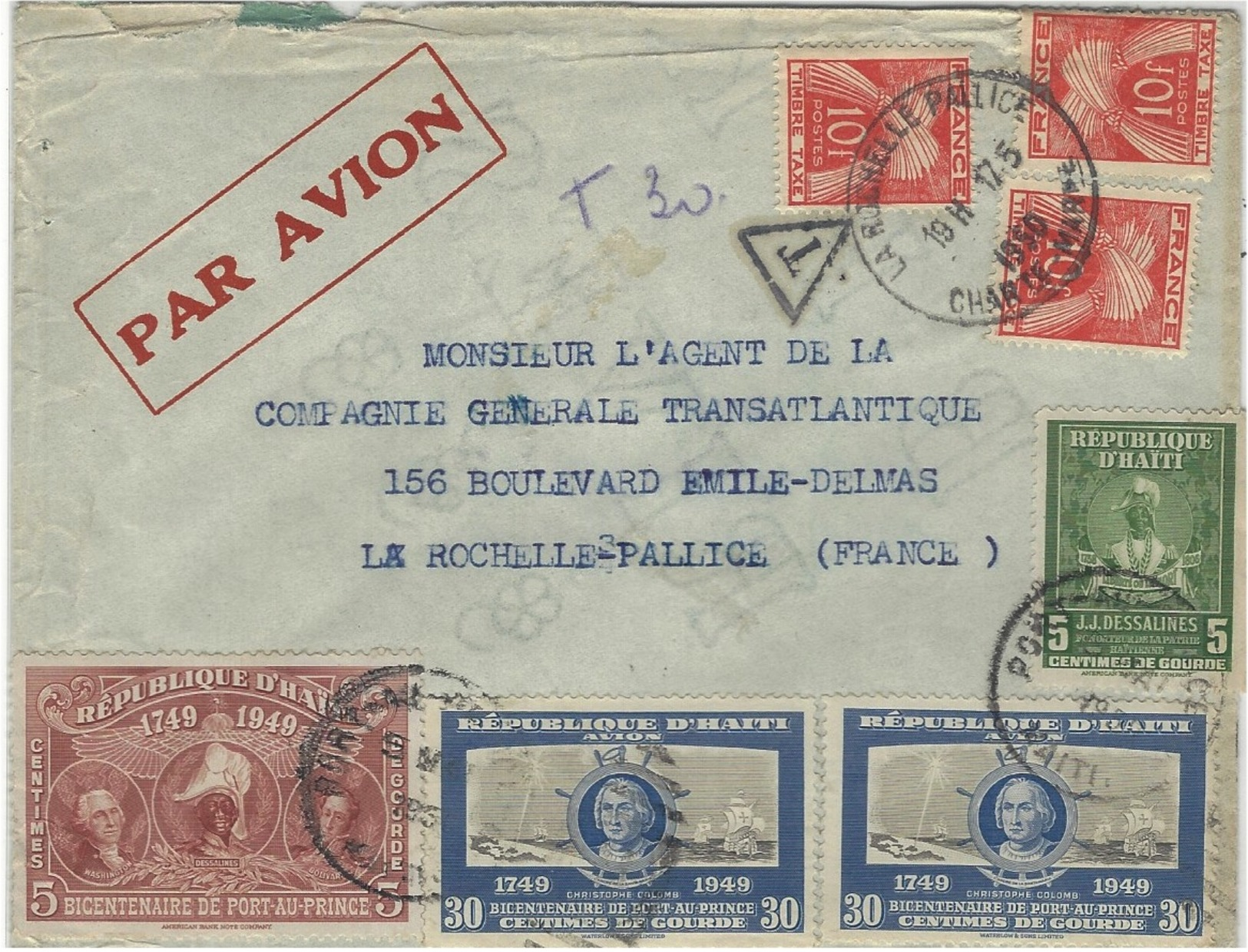 1949- Enveloppe PAR AVION  D'HAITI  TAXE 30 F  - Superbe Affranchissement - Haïti