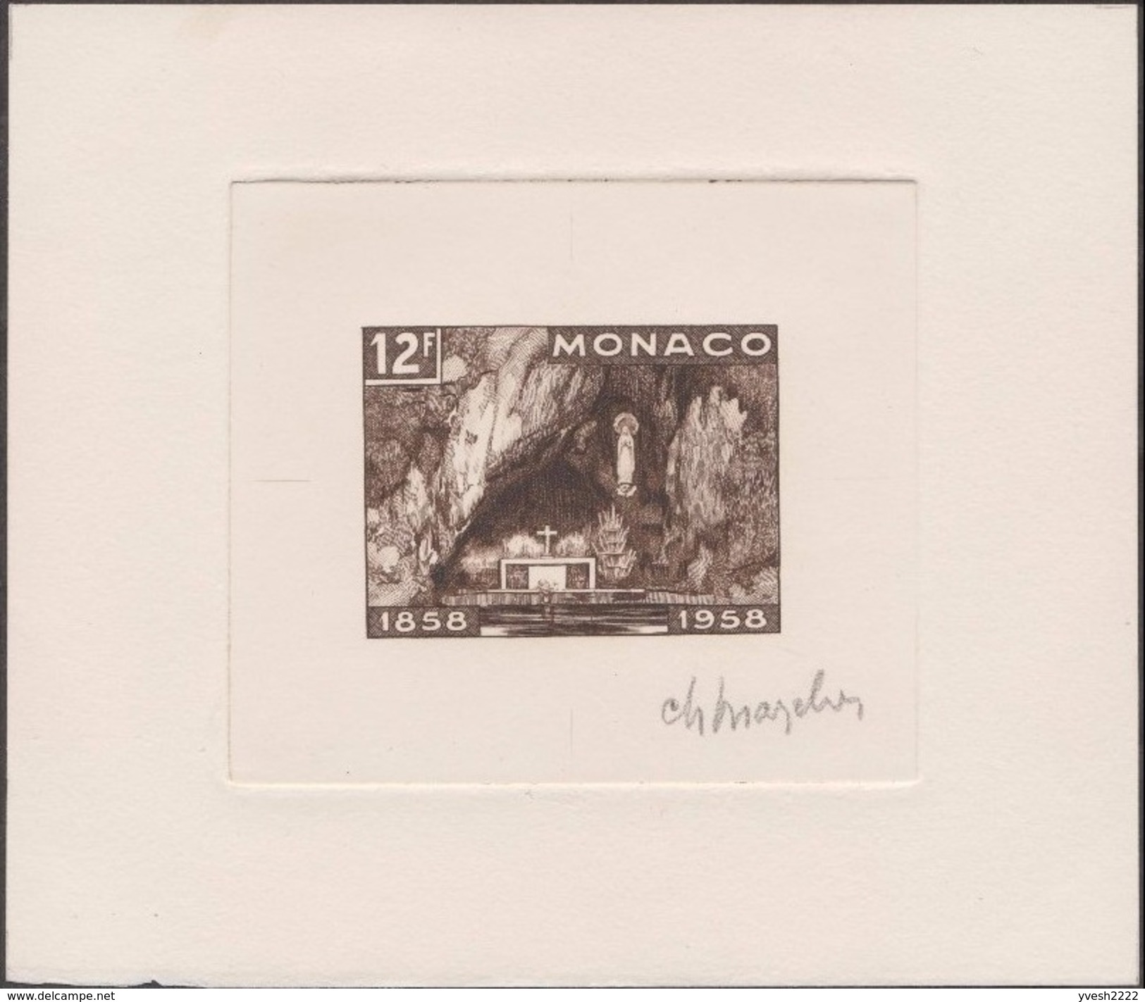 Monaco 1958 Y&T 497 Et 498. Deux épreuves D'artiste. Lourdes. Grotte De Massabielle En 1858 Et 1958 - Autres & Non Classés