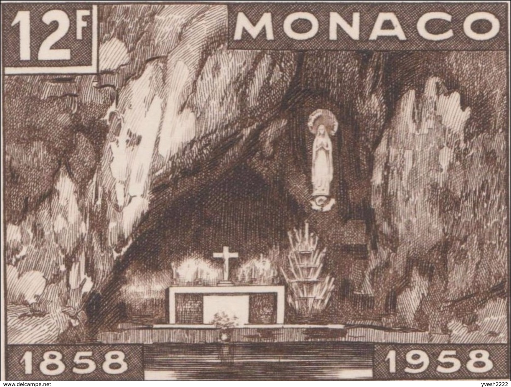 Monaco 1958 Y&T 497 Et 498. Deux épreuves D'artiste. Lourdes. Grotte De Massabielle En 1858 Et 1958 - Autres & Non Classés