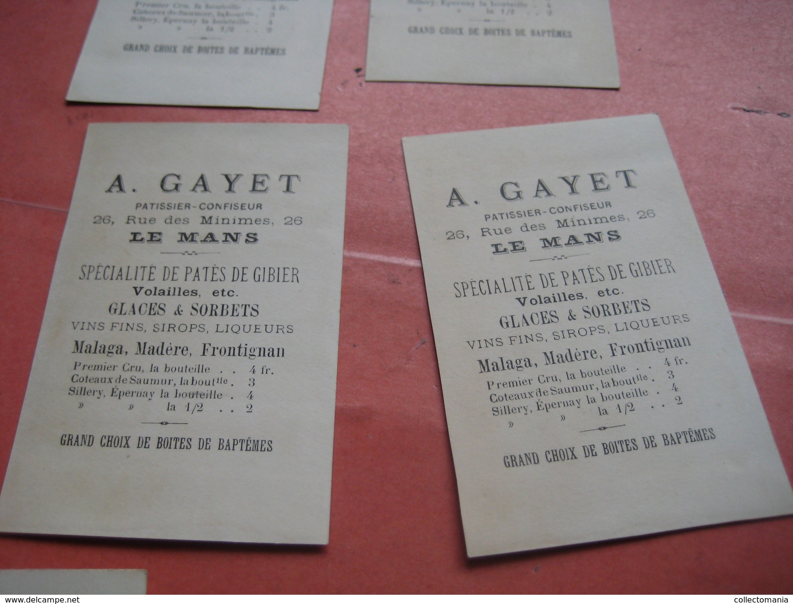 6 litho trade cards compl. set CR 3-4-42  impr. Courbe Rouzet PUB Gayet à Le Mans +prix des vins c1880 CARNAVAL masks