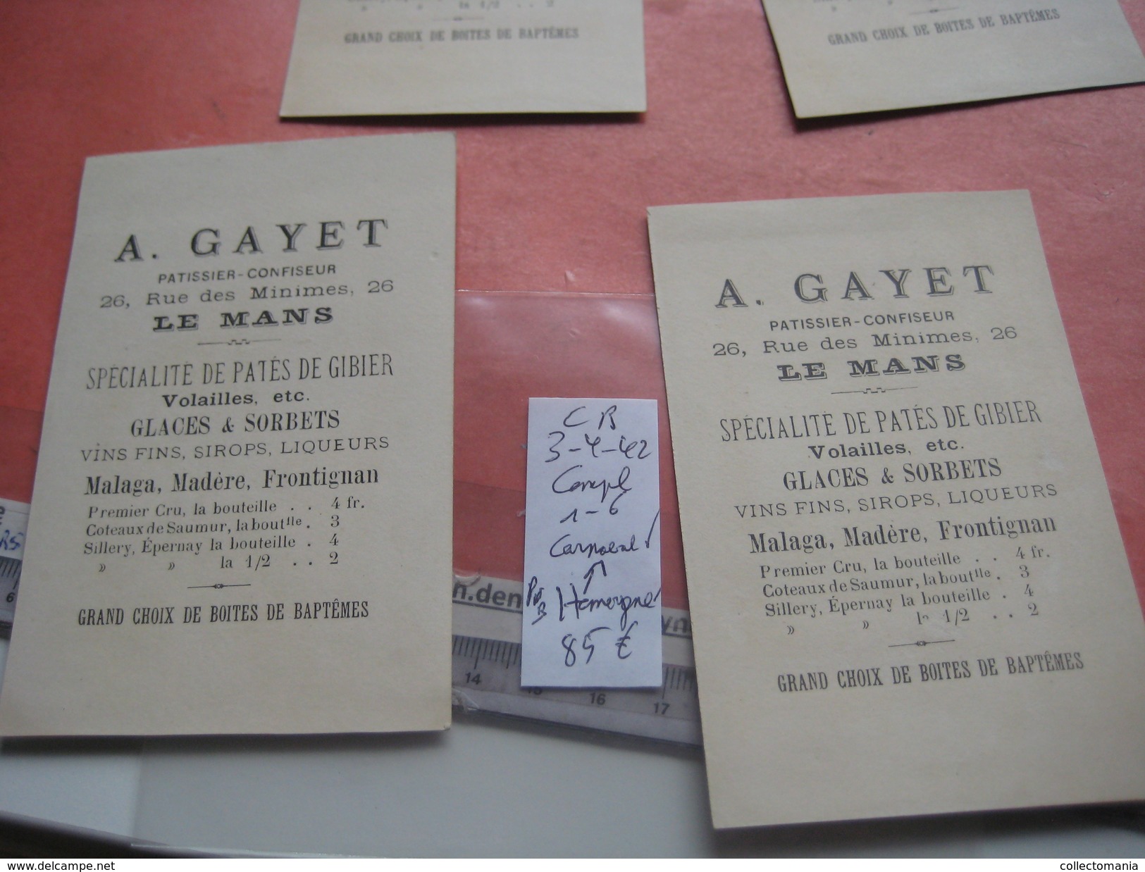 6 litho trade cards compl. set CR 3-4-42  impr. Courbe Rouzet PUB Gayet à Le Mans +prix des vins c1880 CARNAVAL masks