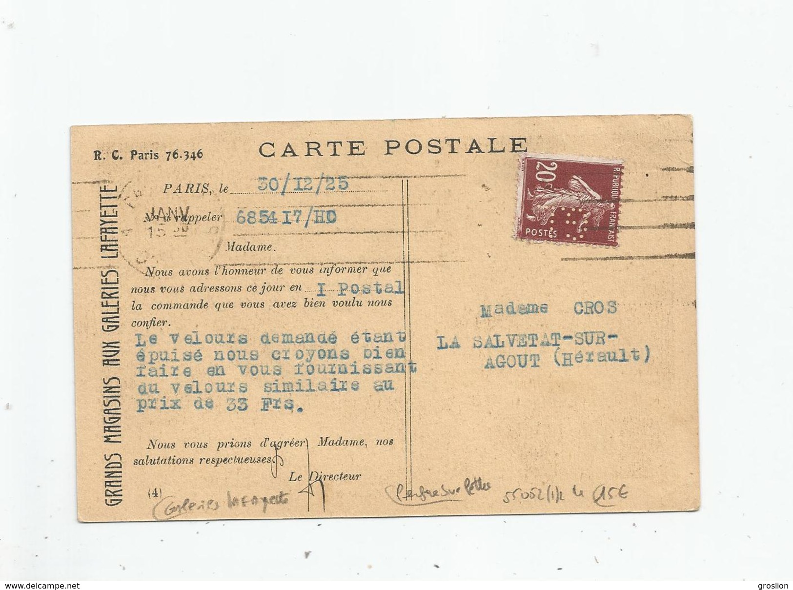 CARTE AVEC PERFORATION G L (GALERIES LAFAYETTE) SUR SEMEUSE DE ROTY 20 C  CIRCULEE 1925 - Autres & Non Classés