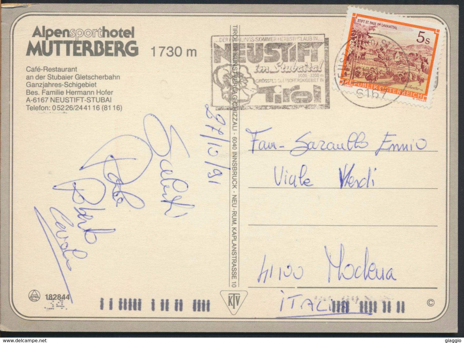 °°° 2130 - NEUSTIFT - HOTEL MUTTERBERG - 1991 With Stamps °°° - Neustift Im Stubaital