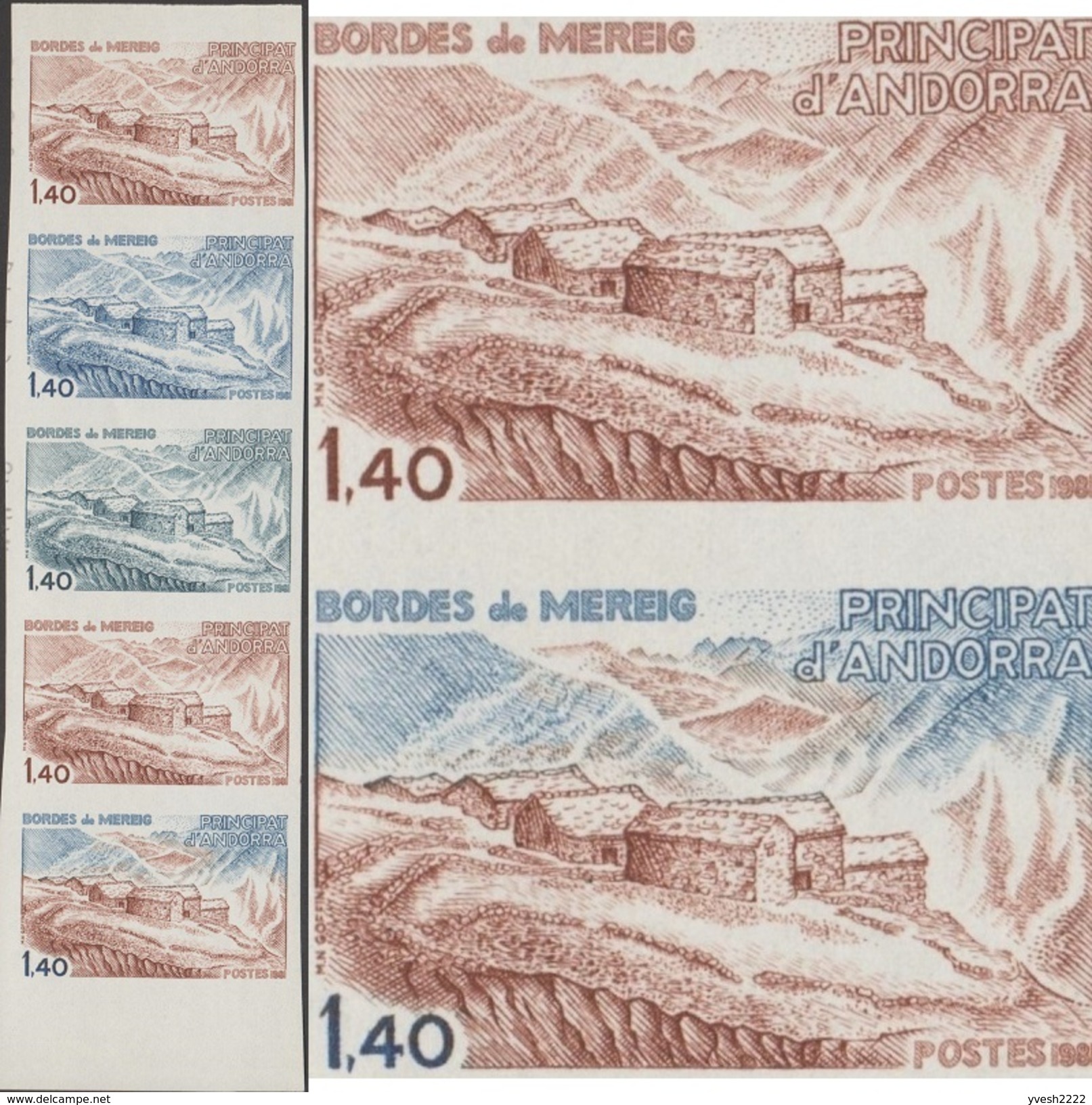 Andorre Français 1980 Y&T 291. Bande De 5, Essais De Couleurs. Bordes De Mereig, Maisons De Montagne - Montañas