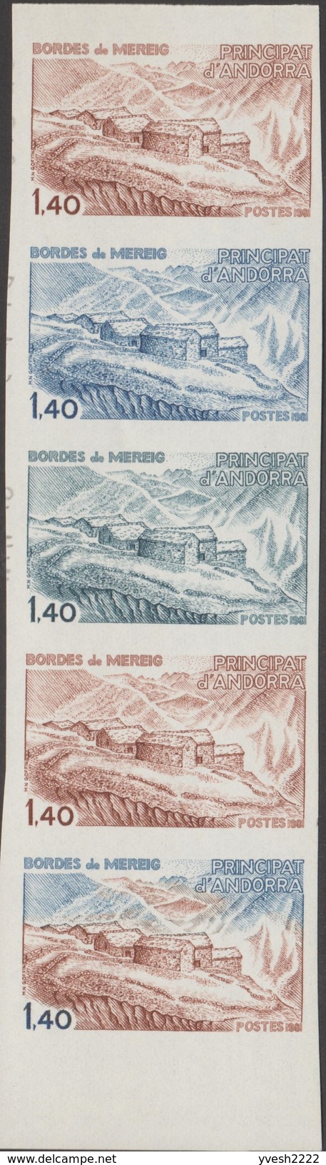 Andorre Français 1980 Y&T 291. Bande De 5, Essais De Couleurs. Bordes De Mereig, Maisons De Montagne - Berge