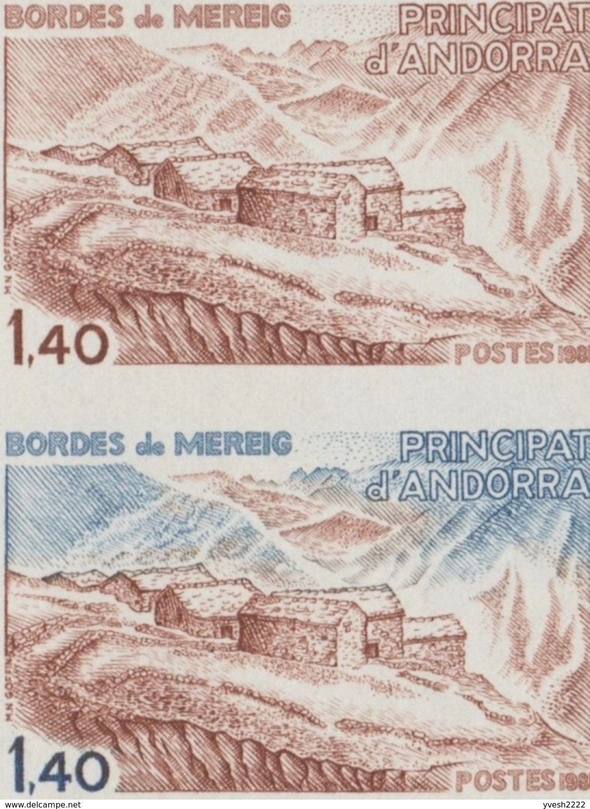 Andorre Français 1980 Y&T 291. Bande De 5, Essais De Couleurs. Bordes De Mereig, Maisons De Montagne - Montañas