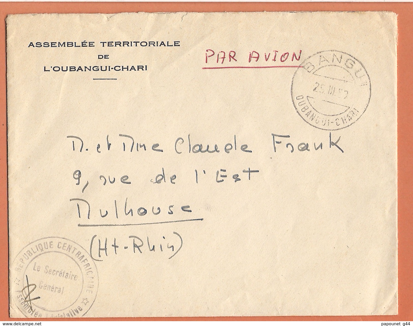 Lettre Oubangui - Chari ( Assemblée Territoriale De L'Oubangui - Chari ) Destination Mulhouse - Cartas & Documentos