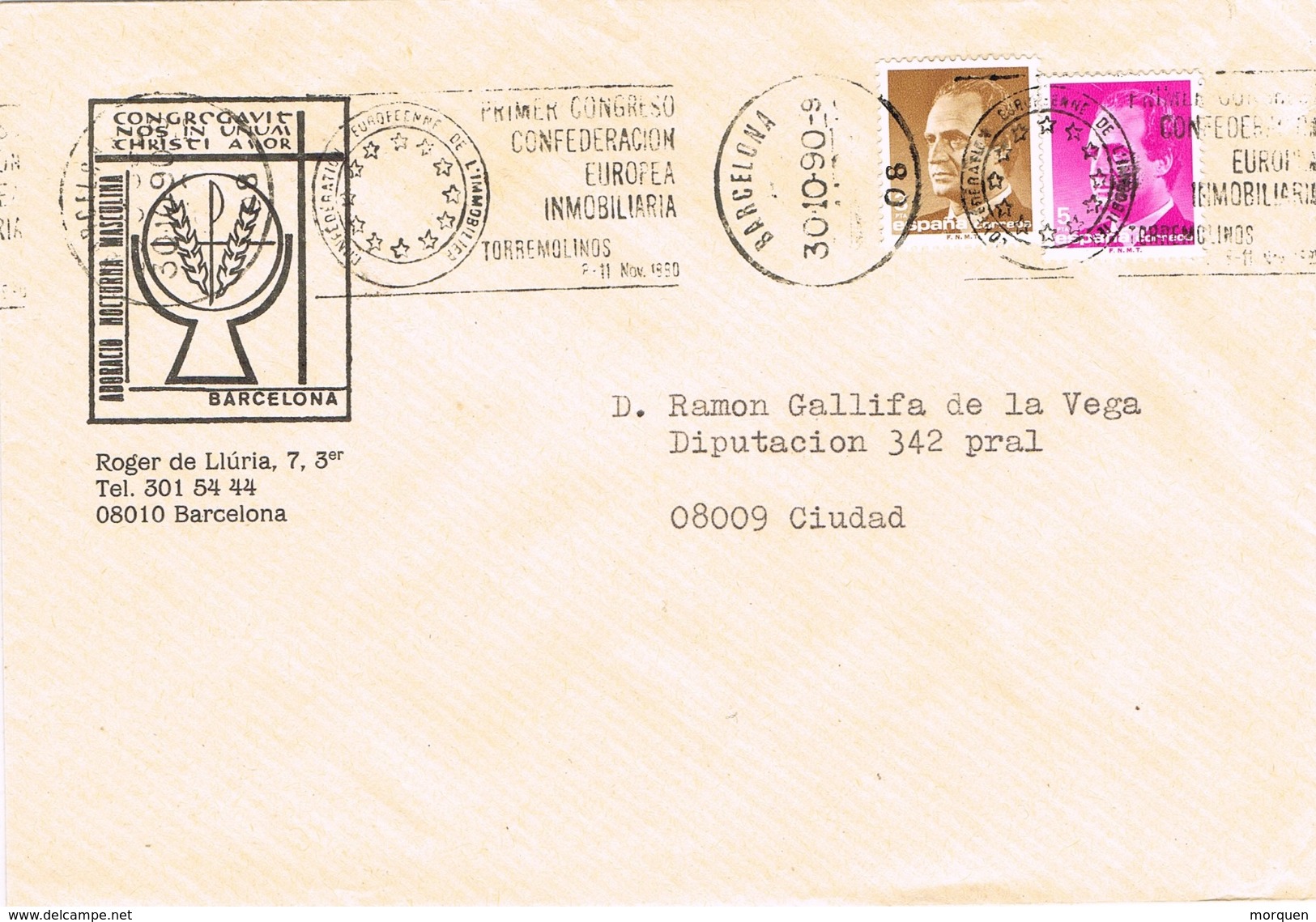 23569. Carta BARCELONA 1990. Rodillo  Confederacion Europea INMOBILIARIA Congreso - Cartas & Documentos