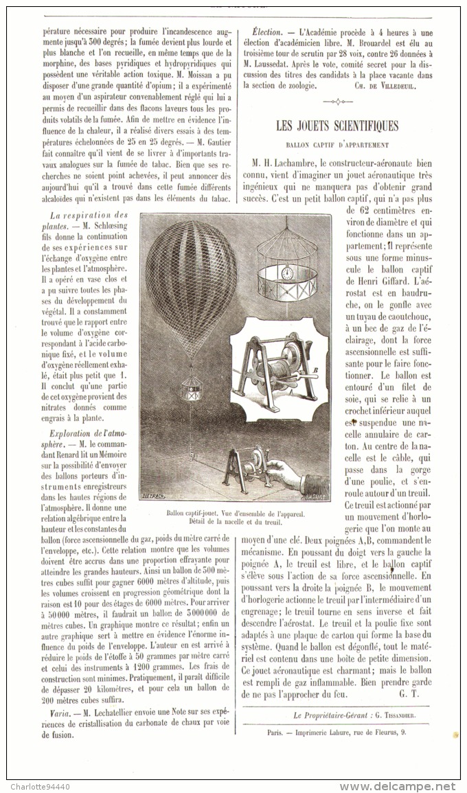 JOUETS SCIENTIFIQUES (  BALLON CAPTIF D'APPARTEMENT )  1893 - Other & Unclassified