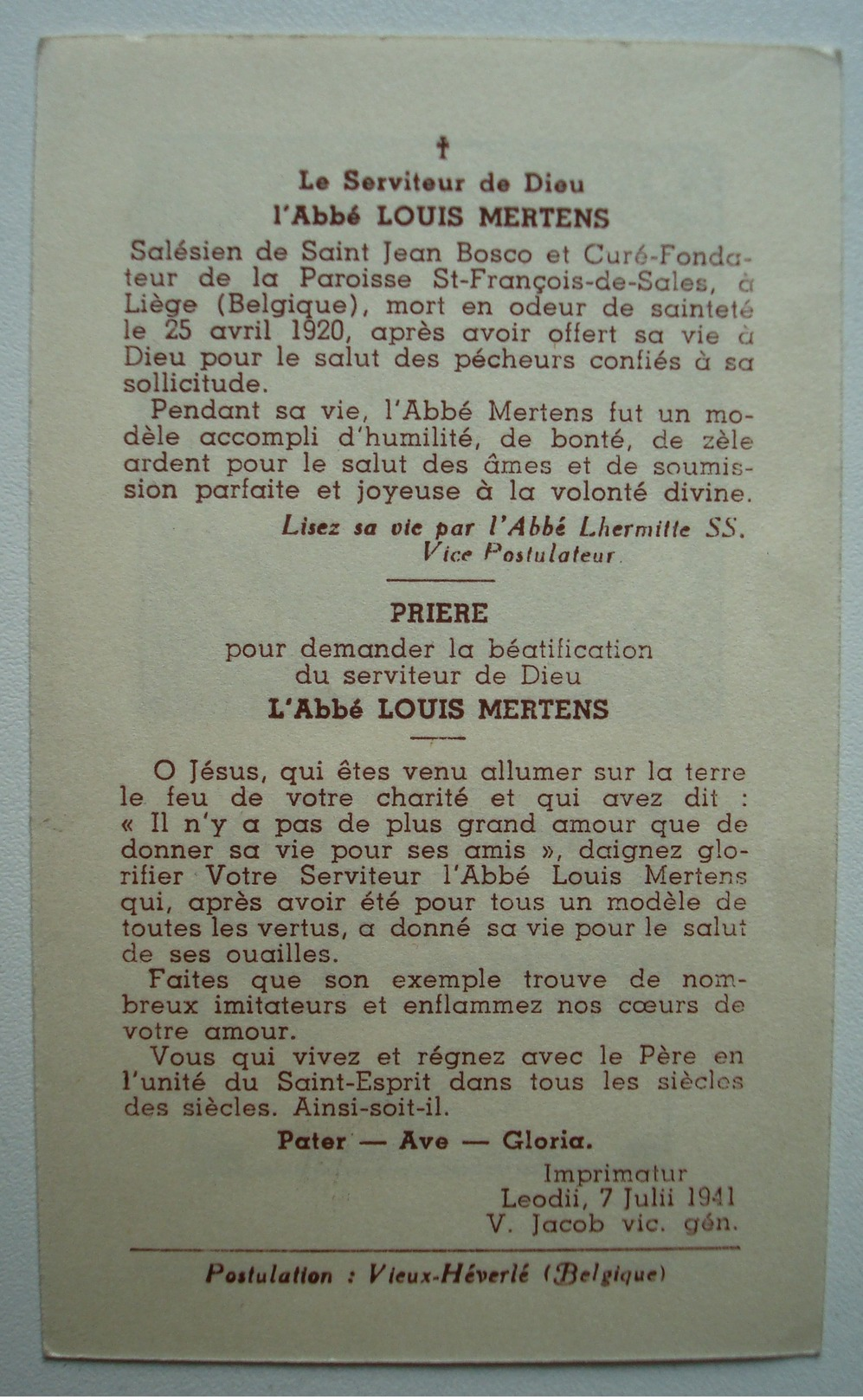 Souvenir De L'Abbé Louis Mertens Salésien Mort En Odeur De Sainteté Le 25 Avril 1920. - Images Religieuses