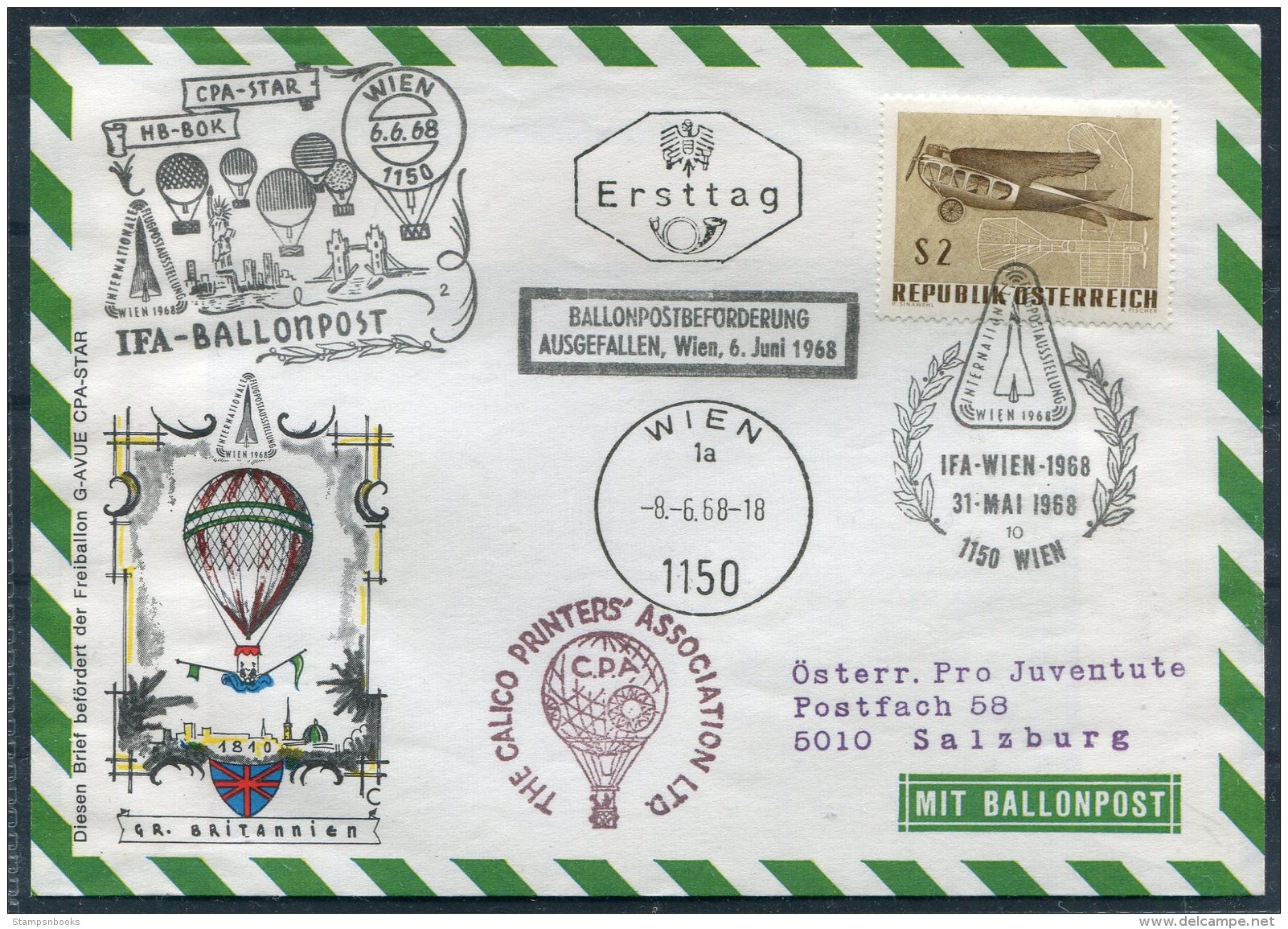 1968 Austria Wien Ballonpost IFA Great Britain Pro Juventute Flight Cover - Balloon Covers