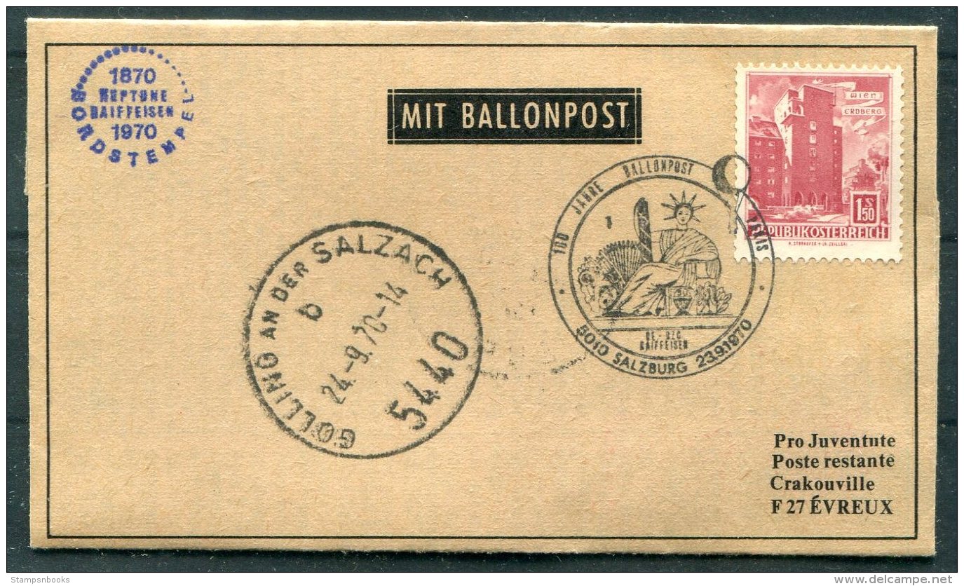 1970 Austria Salzburg / France Evreux Ballonpost Pro Juventute Flight Cover - Balloon Covers