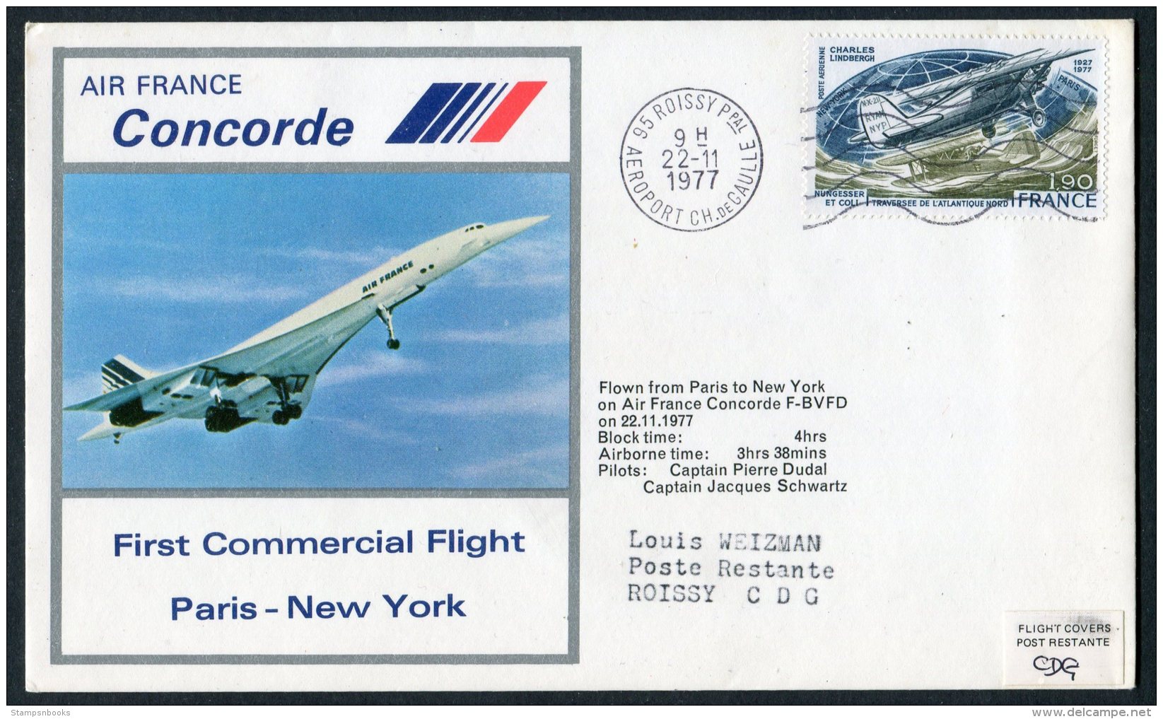 1977 France / USA Paris - New York Concorde Air France Cover. US Stamps On Reverse - Concorde