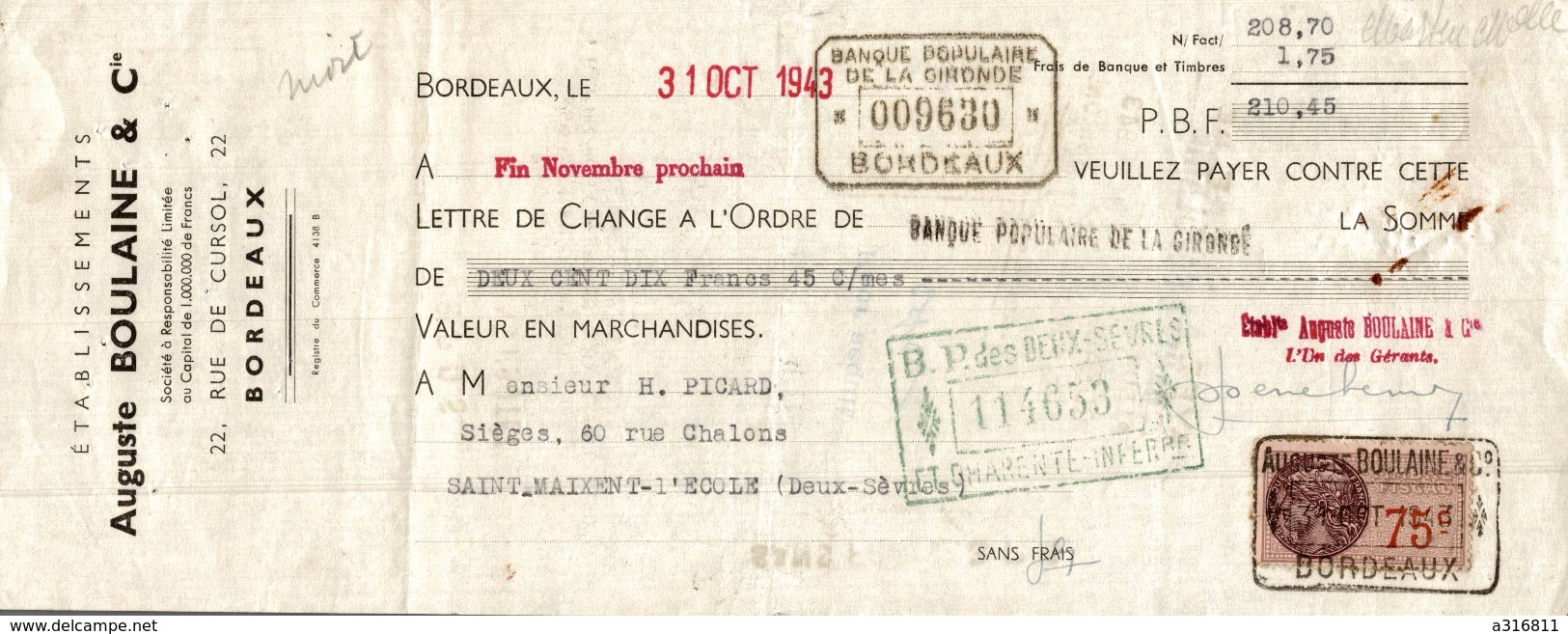 LETTRE DE CHANGE   AUGUSTE BOULAINE - Bills Of Exchange