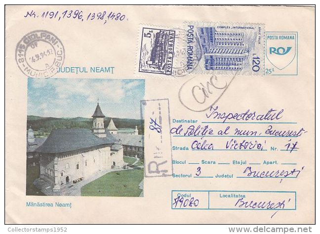 57746- NEAMT MONASTERY, ARCHITECTURE, REGISTERED COVER STATIONERY, HOTELS STAMPS, 1994, ROMANIA - Abbazie E Monasteri