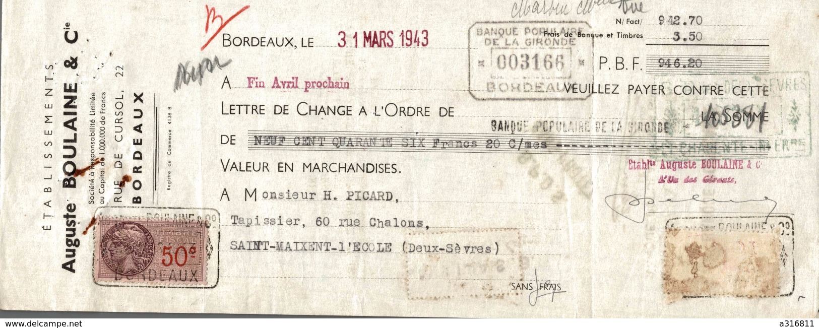 LETTRE DE CHANGE AUGUSTE BOULAINE  BANQUE POPULAIRE - Bills Of Exchange