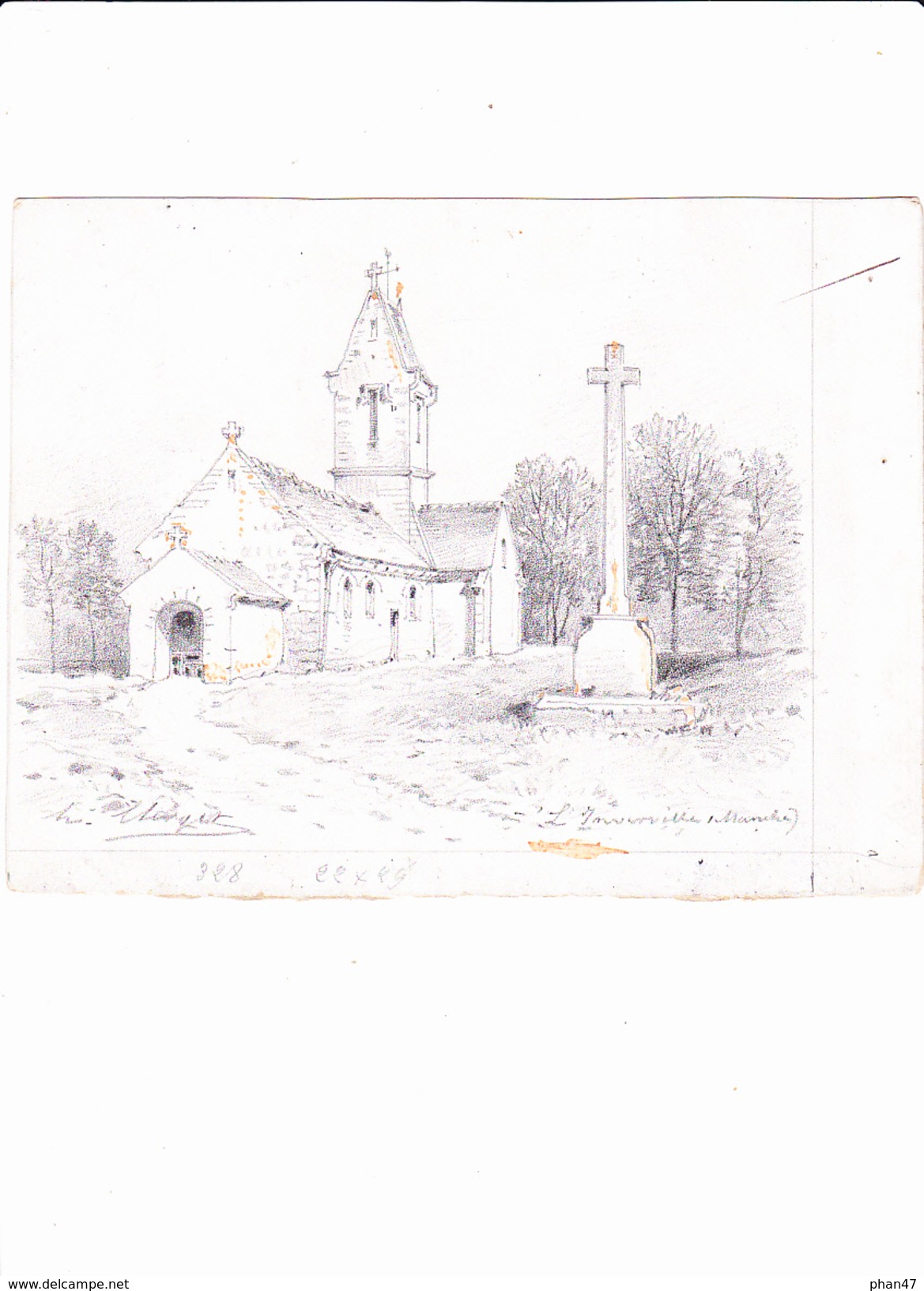 LINVERVILLE - GOUVILLE (Manche), L'Eglise, Dessin Avec Réhauts De Gouache, De Hubert CLERGET Vers 1893 - Dessins