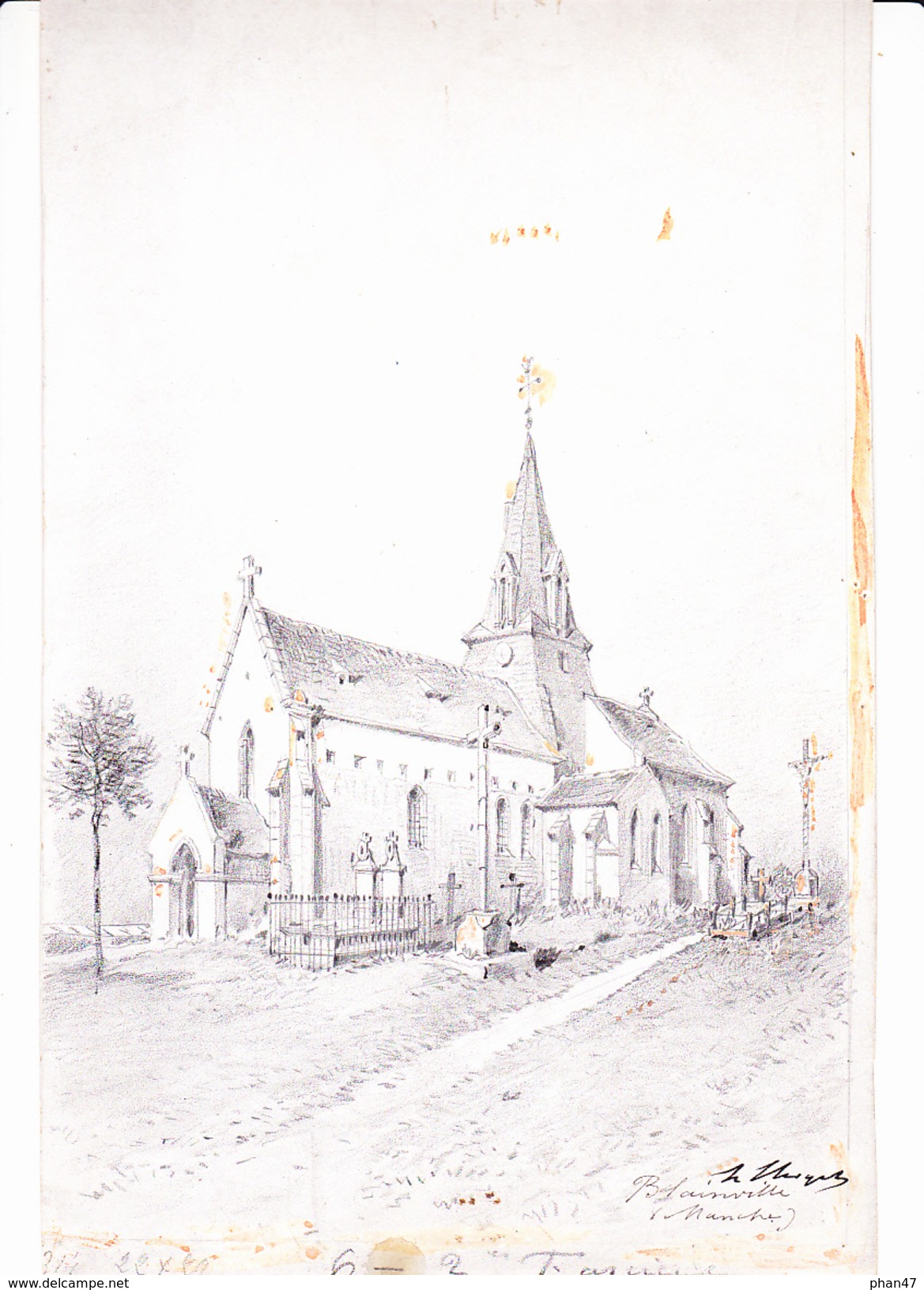 BLAINVILLE (Manche), L'Eglise, Dessin Avec Réhauts De Gouache, De Hubert CLERGET Vers 1893 - Dessins