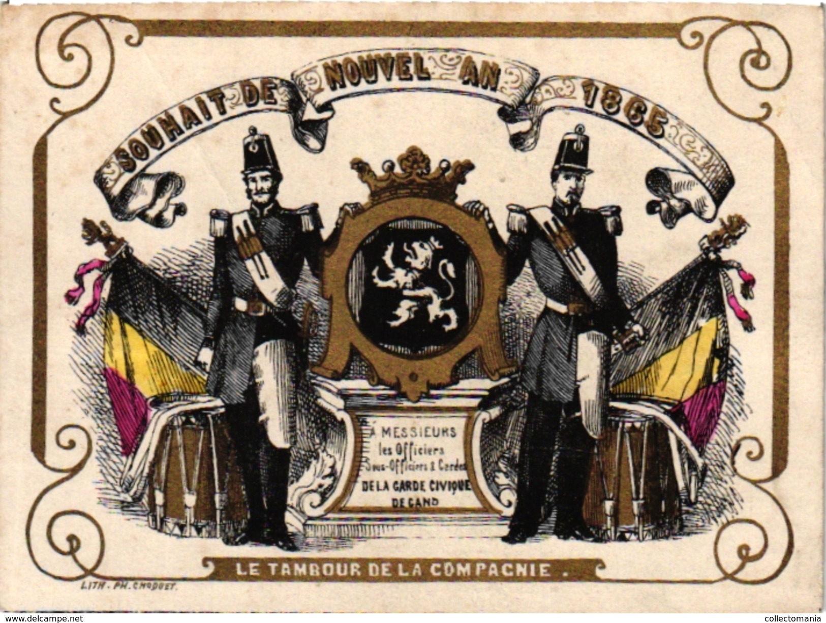 1 Carte De Visite Trade Card Souhait De Nouvel AN Garde-Civique De GAND  L'AN 1865  Gouden Opdruk Litho - Cartes De Visite