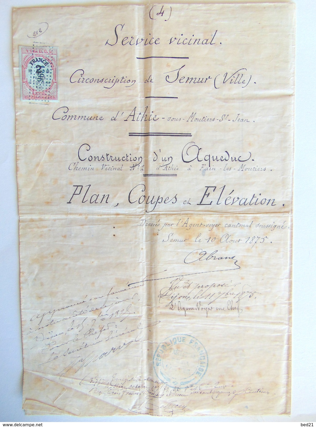 Construction D'un AQUEDUC PLAN  COUPES  ET  ELEVATION  1875 - Arbeitsbeschaffung
