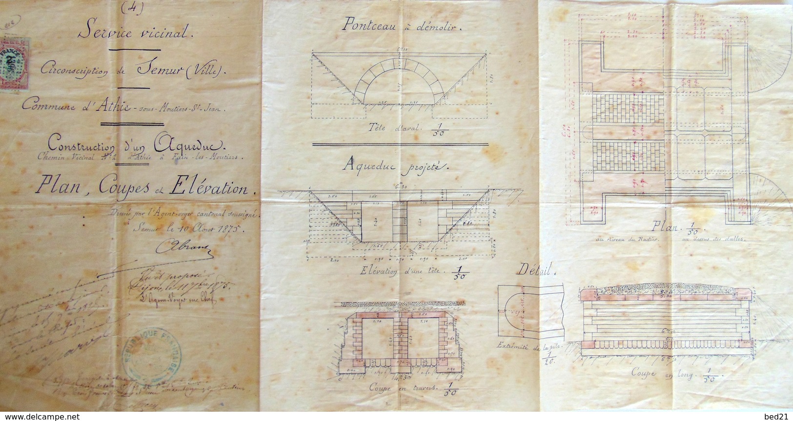 Construction D'un AQUEDUC PLAN  COUPES  ET  ELEVATION  1875 - Obras Públicas