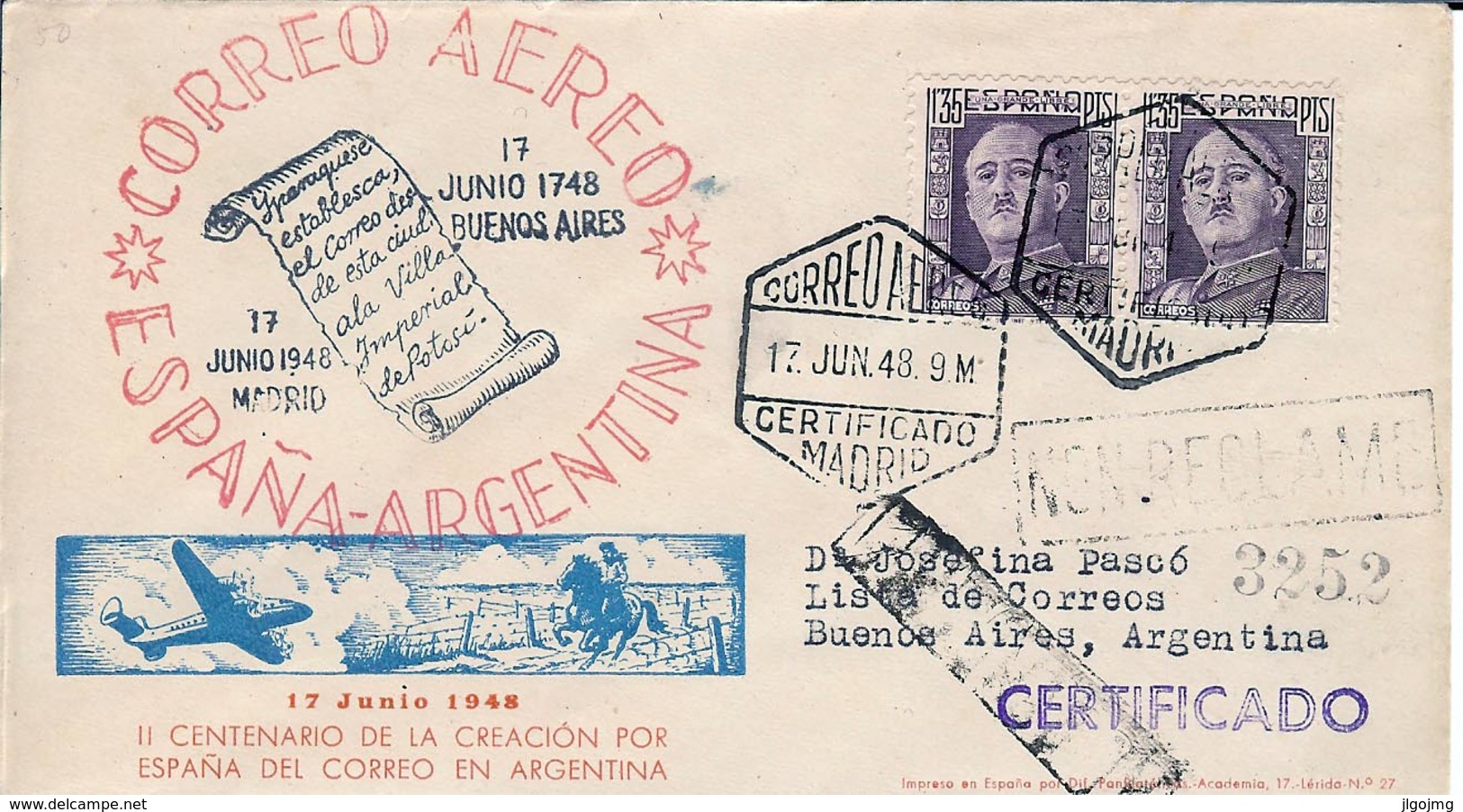 1948 ESPAÑA - ARGENTINA PRIMER VUELO. MADRID - BUENOS AIRES. CERTIFICADO - Cartas & Documentos