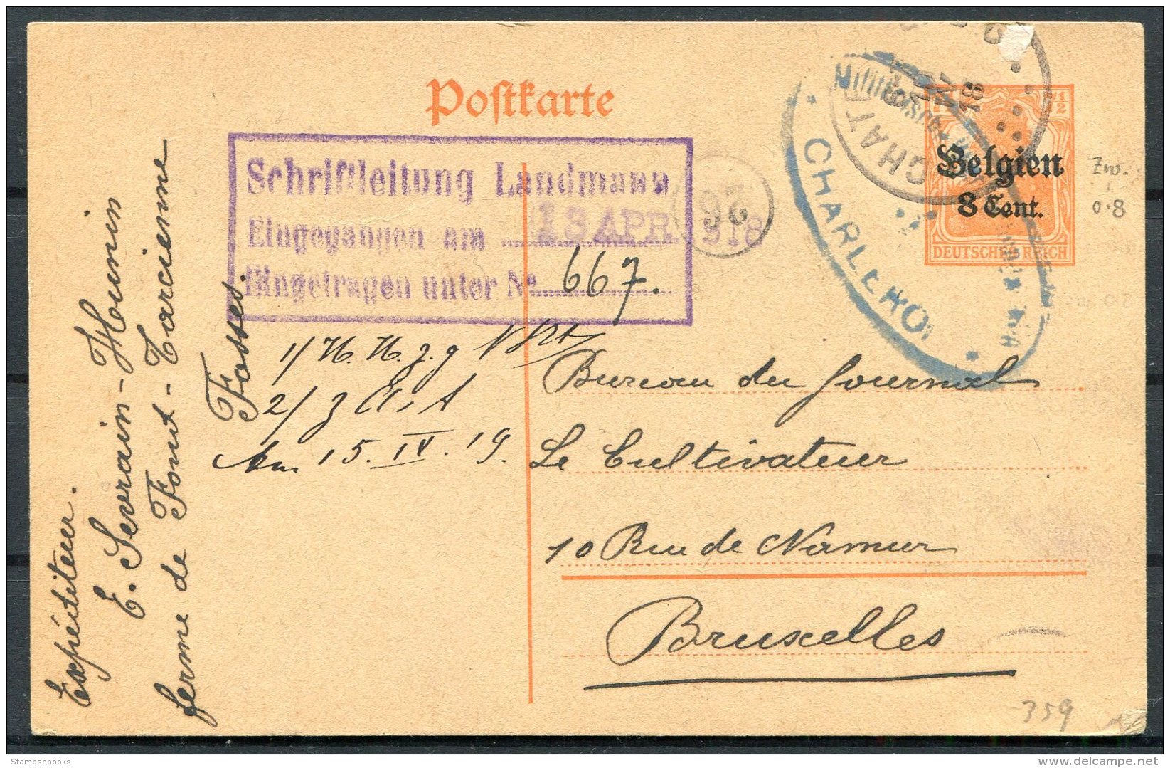 1916 Germany Belgium Censor Stationery Postcard. Charleroi Bruxelles - Other & Unclassified