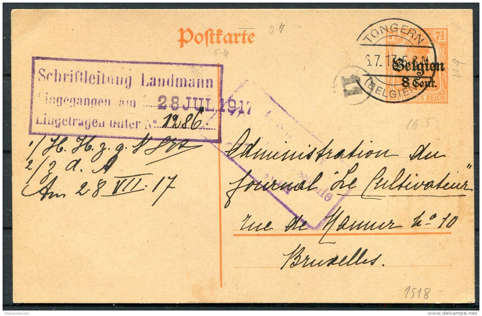 1917 Germany Belgium Censor Stationery Postcard. Tongern - Bruxelles - Other & Unclassified